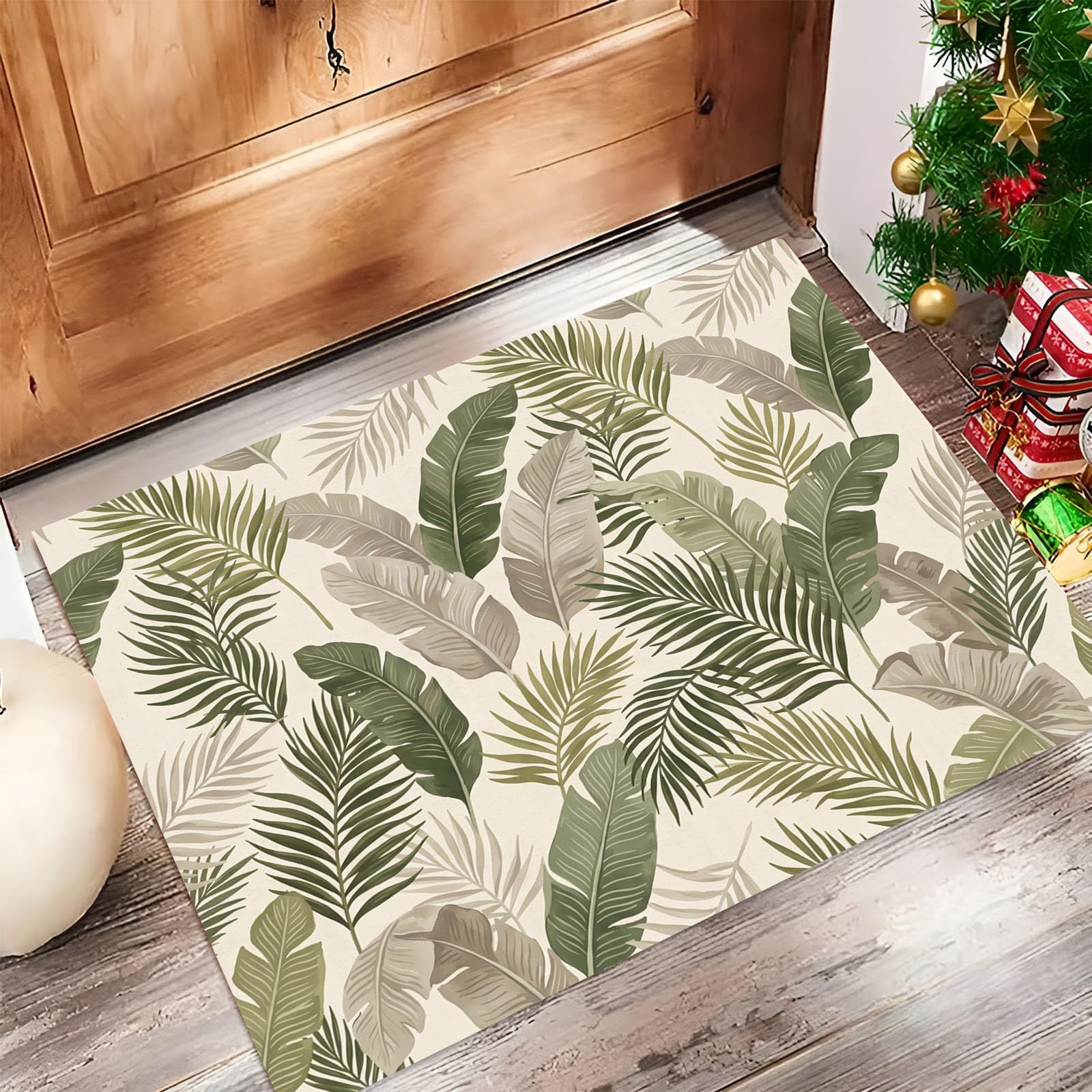 Zerbino Trappola Sporco Foglie Tropicali Retrò, 90X150Cm, Tappetino Antiscivolo Lavabile Eleganti Piante Da Campagna, Zerbino Interno Morbide Assorbenti Per Corridoio Ingresso Porta, Beige