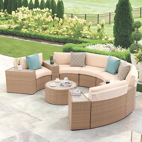 SUNSITT Outdoor Sectional Set 11-Piece Half Moon Patio Furniture Natural Color Wicker Sofa Creamy White Cushions with 4 Side Table and 4 Pillows