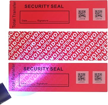 50pcs 1.4" x 4.8" Precut Fluorescent Tamper Evident Void Security Stickers | Max Security, 100% Total Transfer, Dual QR Barcodes, Tear-off Line, SGS RoHs Standard, for Dark Conditions, TamperSeals Group