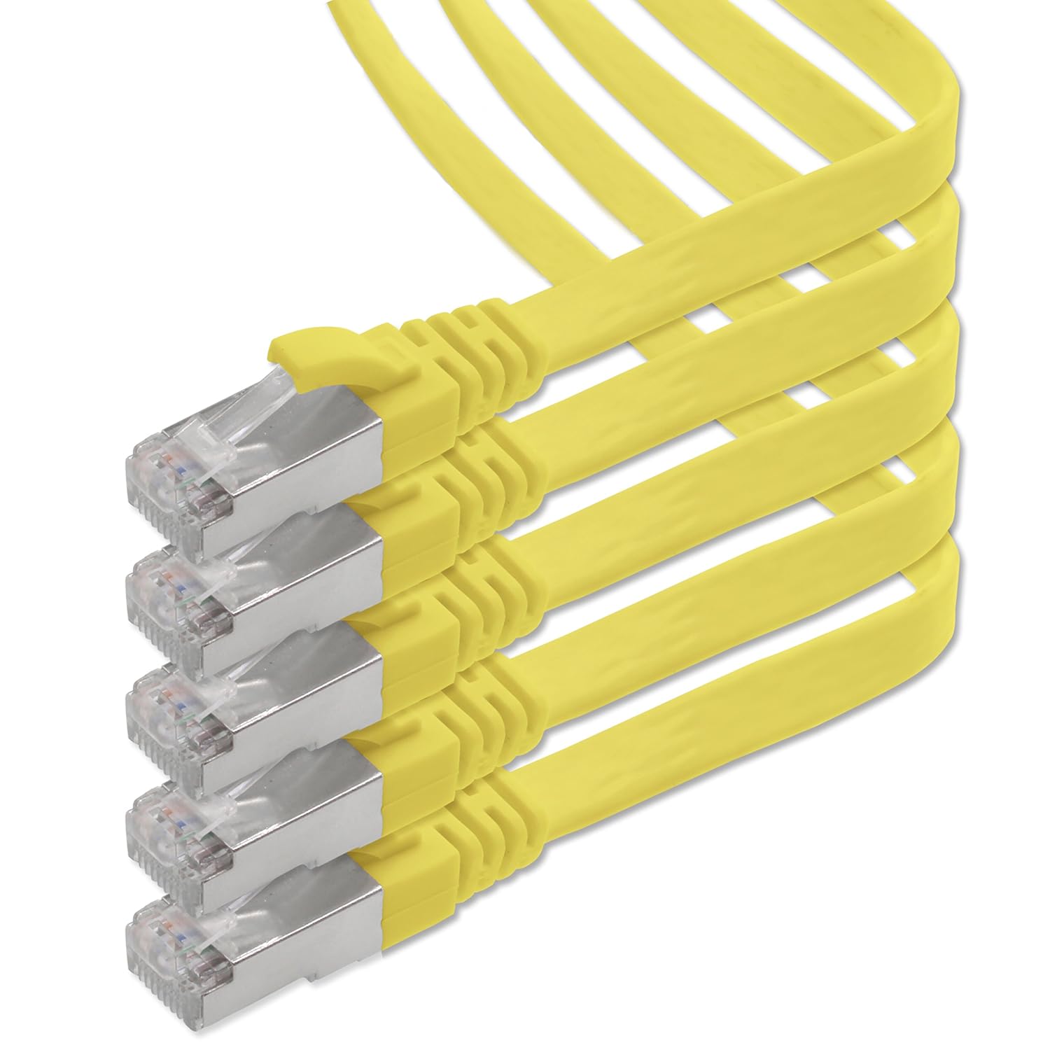 1aTTack.de Cat.7 Gigabit Ethernet LAN Flat Ribbon Cable (RJ45), Network Cable, Raw Cable, (10 Gbit/s) Installation Cable, Flat Slim Compatible with Cat. 5 - CAT. 5e - CAT. 6 Yellow - 5 Pieces 1 m