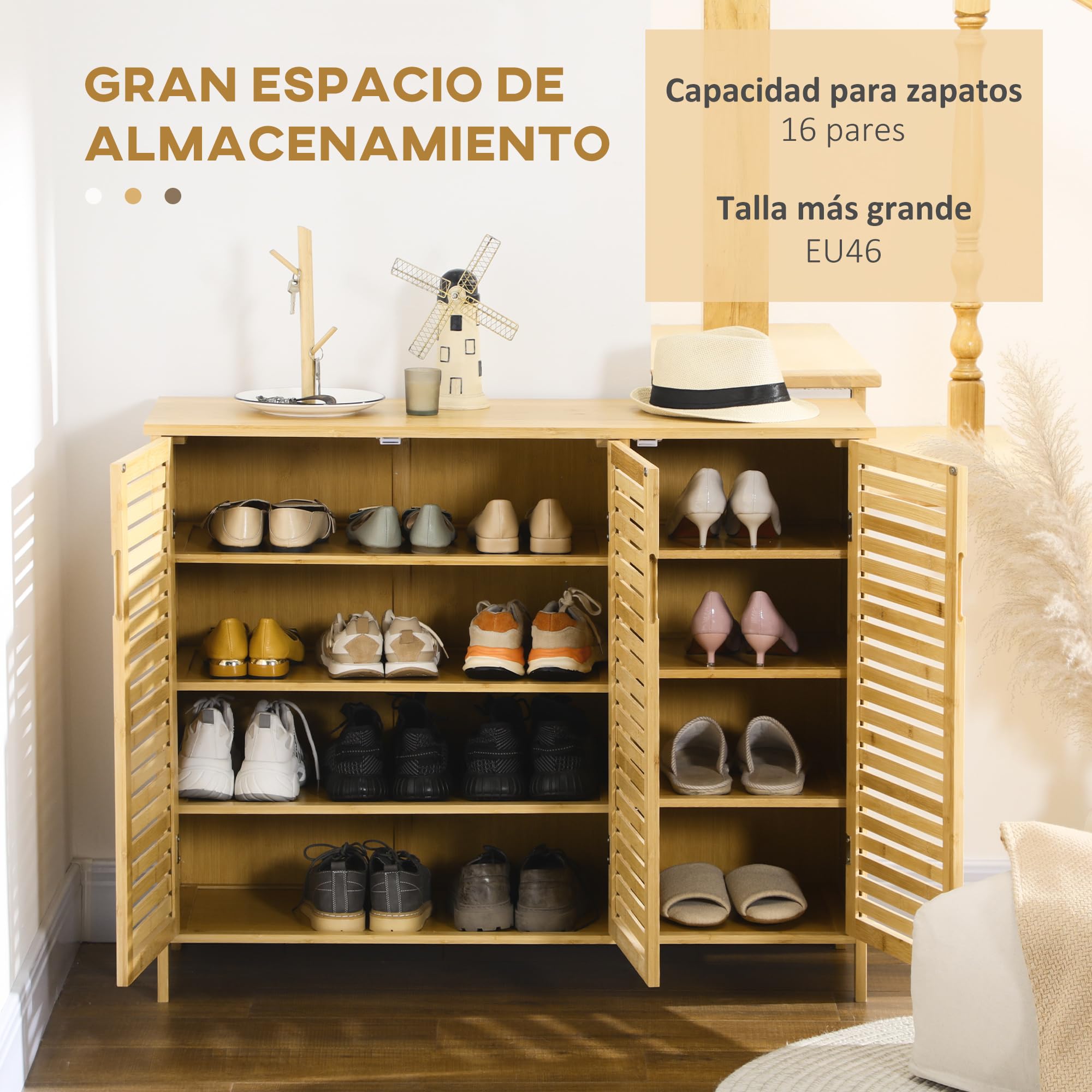 HOMCOM Mueble Zapatero de Recibidor de Bambú 100x35x80cm Natural | Armario Zapatero, 3 Puertas de Persianas, Estantes Ajustables, 16 Pares de Zapatos, Pasillo Entrada