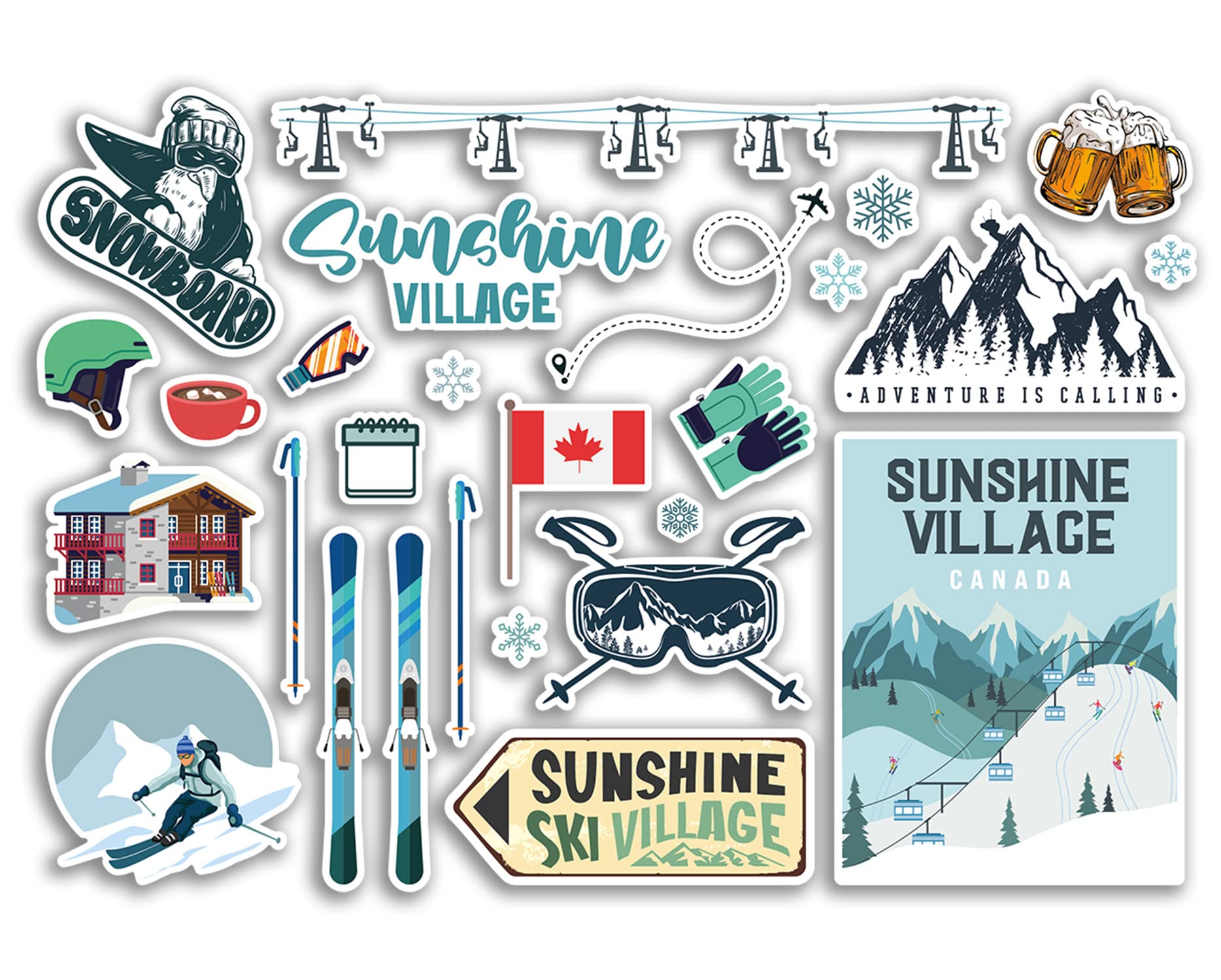 A5 Sticker Sheet Sunshine Village Vinyl Stickers - Canada Canadian Ski Resort Mountains Snowboard Holiday Flag Travel Alps Winter Snow Sports Luggage Scrapbooking #79040
