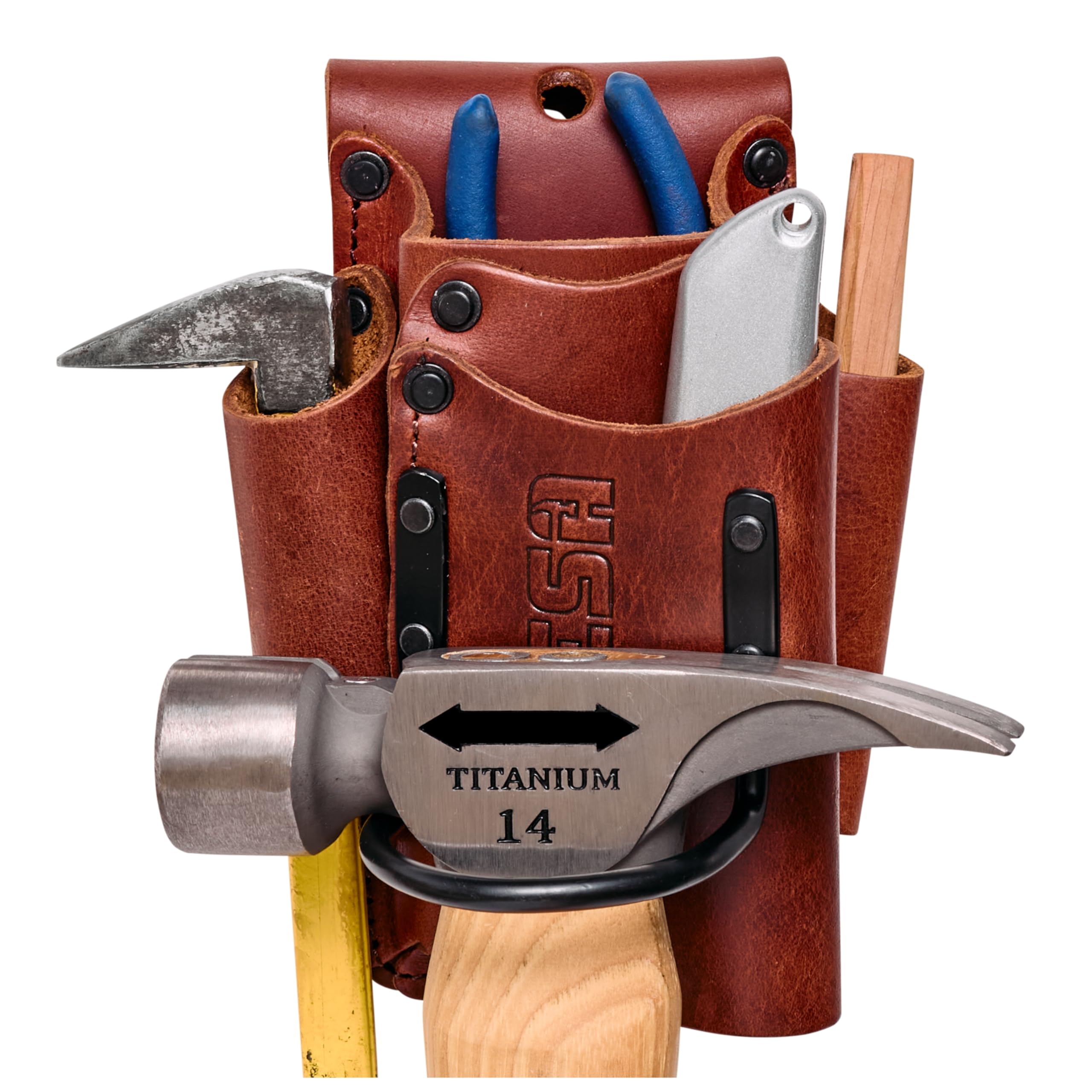 FESA Small Leather Tool Pouch - 5-in-1 Heavy Top Grain Leather Small Tool Pouch with a Steel Hammer Loop, 4 Pockets & Reinforced Heavy Duty Rivets -