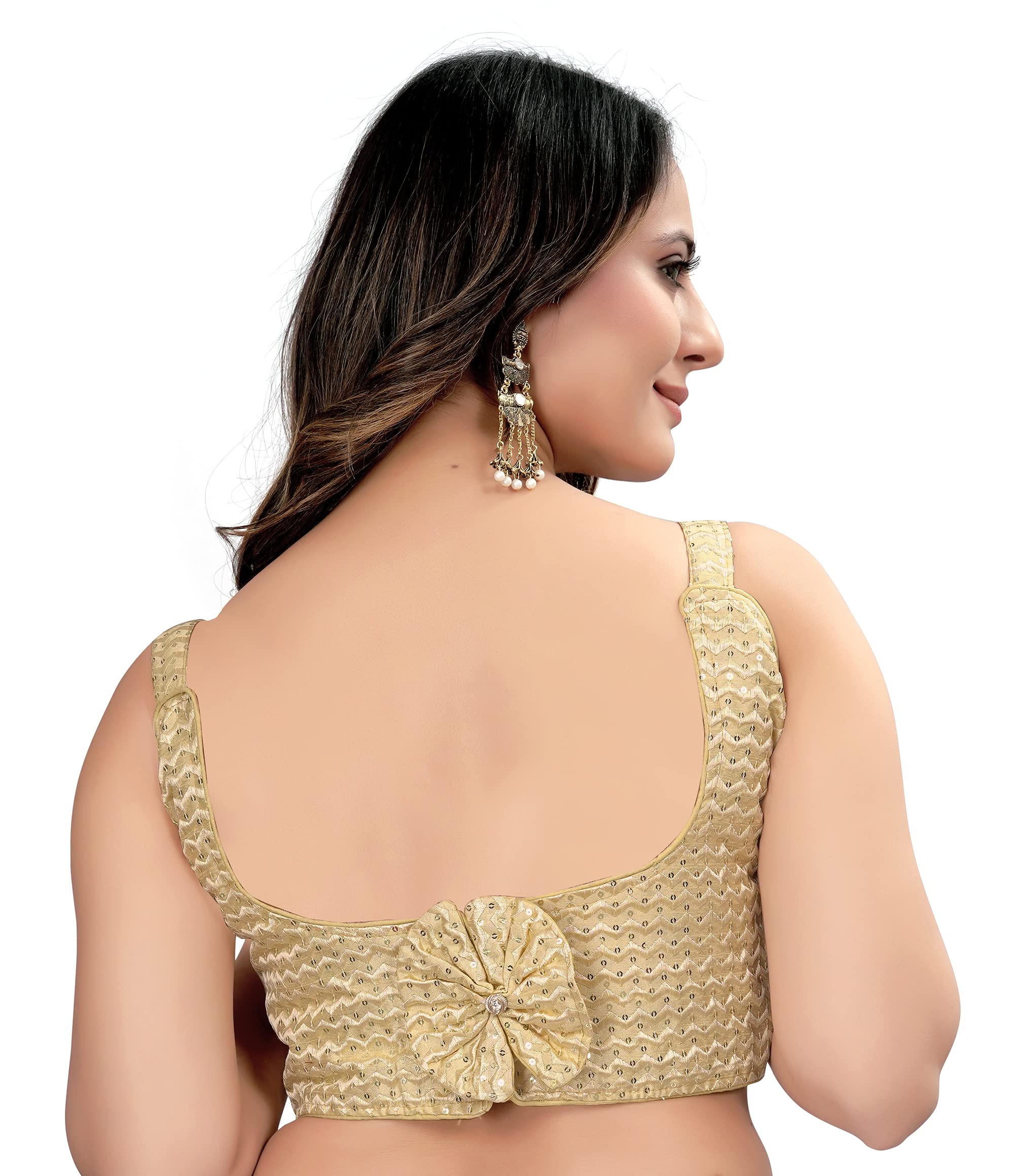 Pujia Mills Women's Zig Zag Multi Embroidery With Sequins Sleeveless Blouse(Sun Gold)