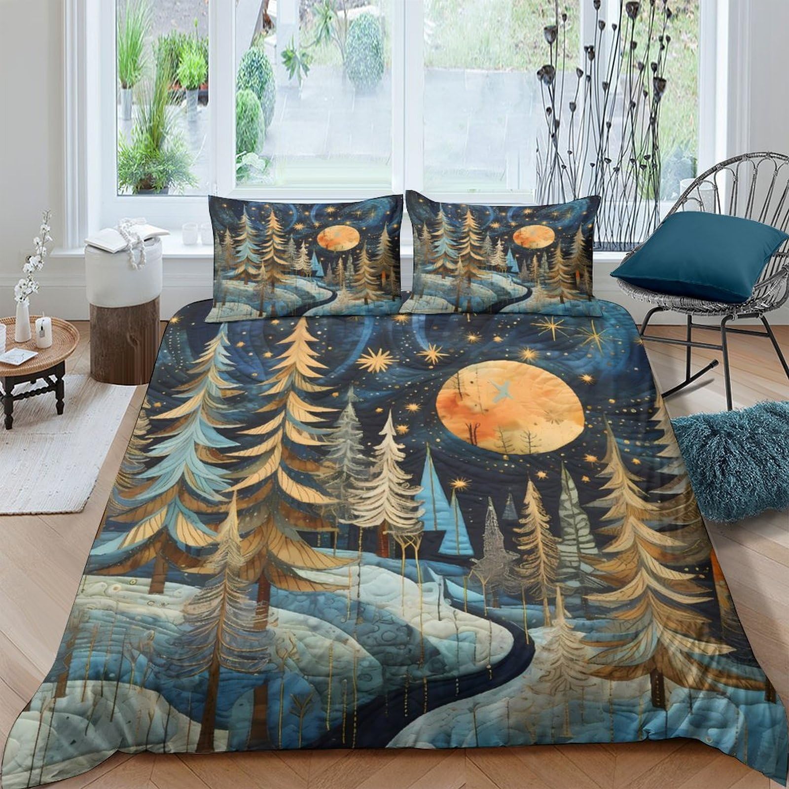 Ctjqhvkz Style-7 3D Printed Moonlit Forest Fitted Sheet Microfiber Soft Breathable Night River Bed Cover For Bedroom Guest Room Decor Single（135X200cm）