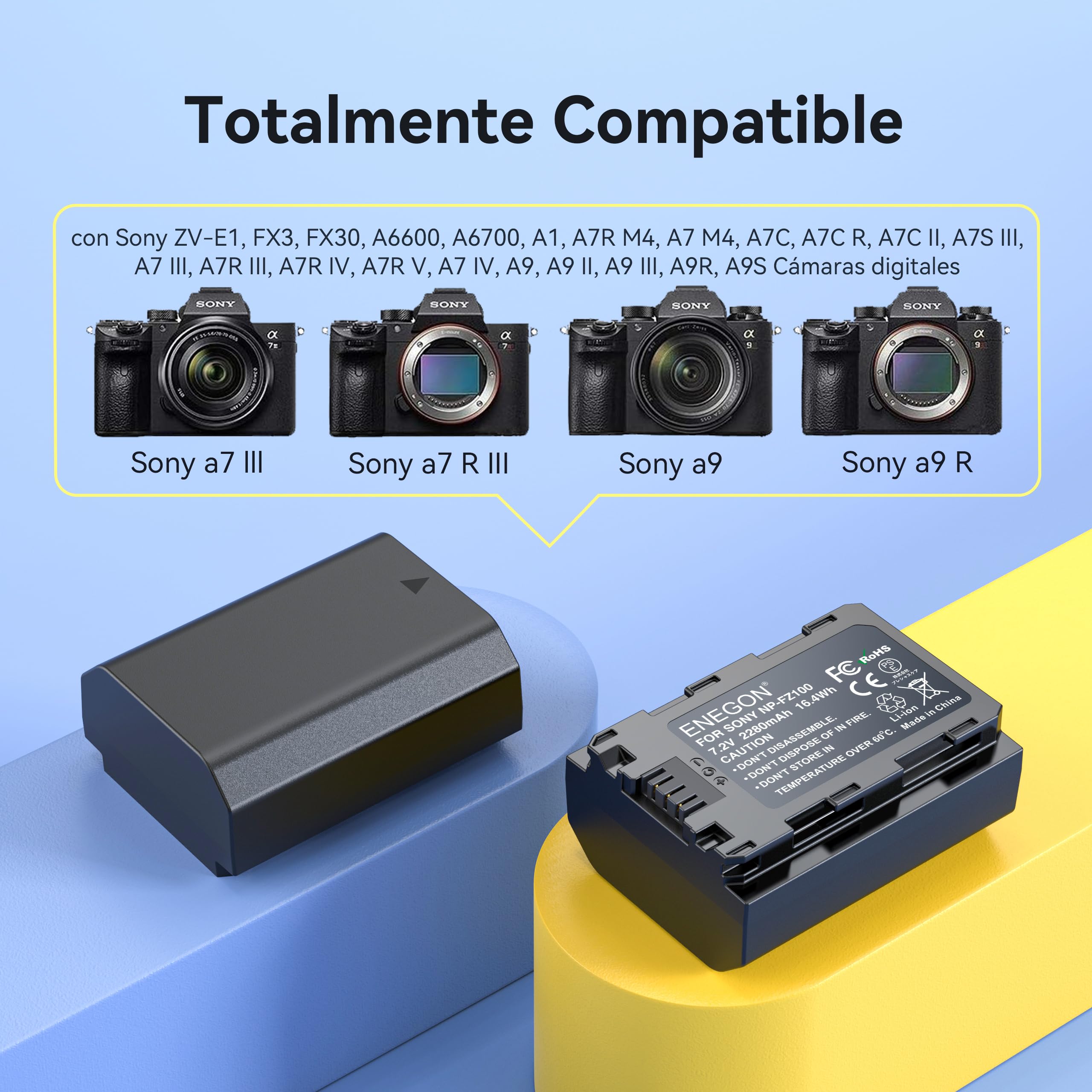ENEGON 2X Sony NP-FZ100 Batería de Repuesto con Cargador de Pantalla LED para A9R, A9, A9R, Alpha 9S, A7III, A7RIII, A7R3, A7R4, A7RIV.