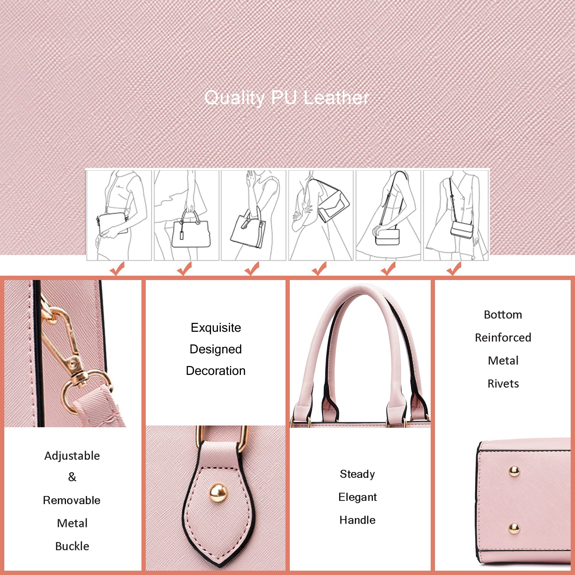 CHICAROUSAL Crossbody Purses and Handbags for Women PU Leather Tote Top Handle Satchel Shoulder Bags: Light Pink