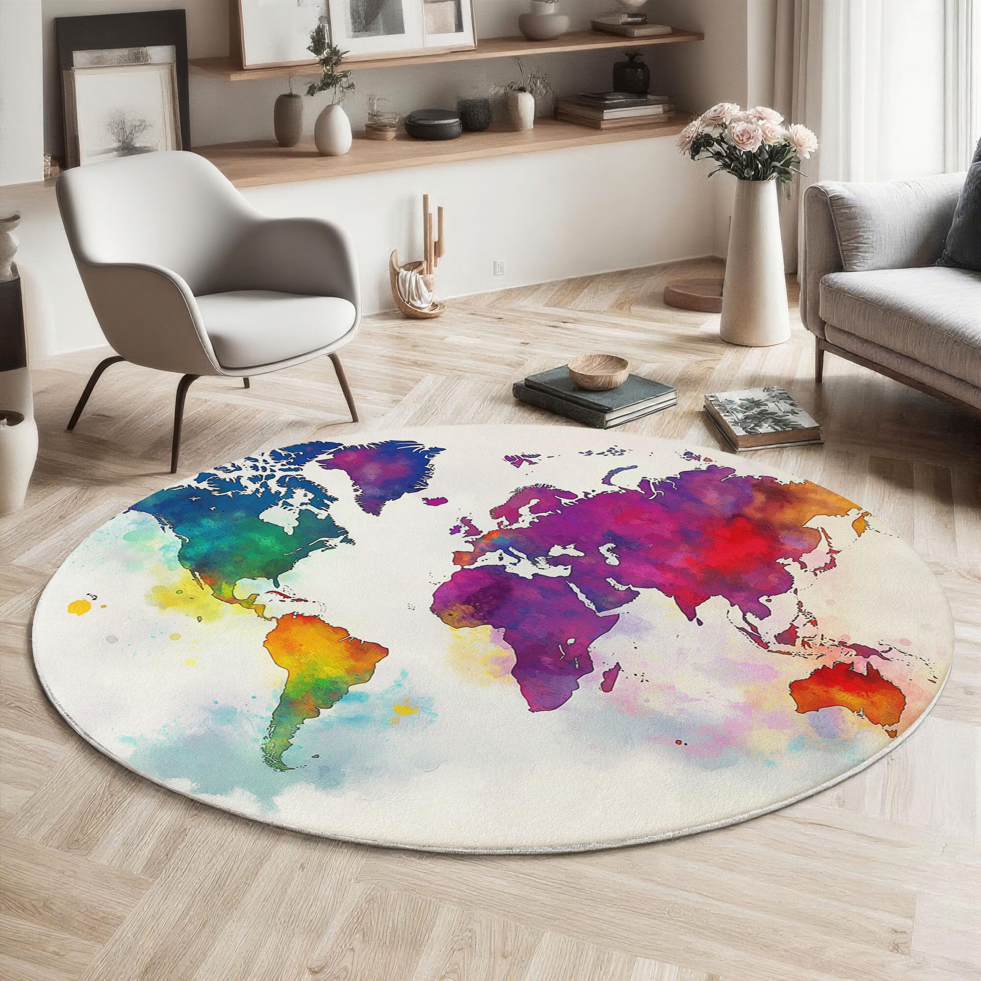 Aquarell-Weltkarte Rutschfest Runder Teppich 100cm, Minimalismus Runder Teppich Wohnzimmer, Mehrfarbig Dekoration Teppiche Weich Waschbar Für Zuhause Bodenmatte Schlafzimmer Dekorativer Teppiche