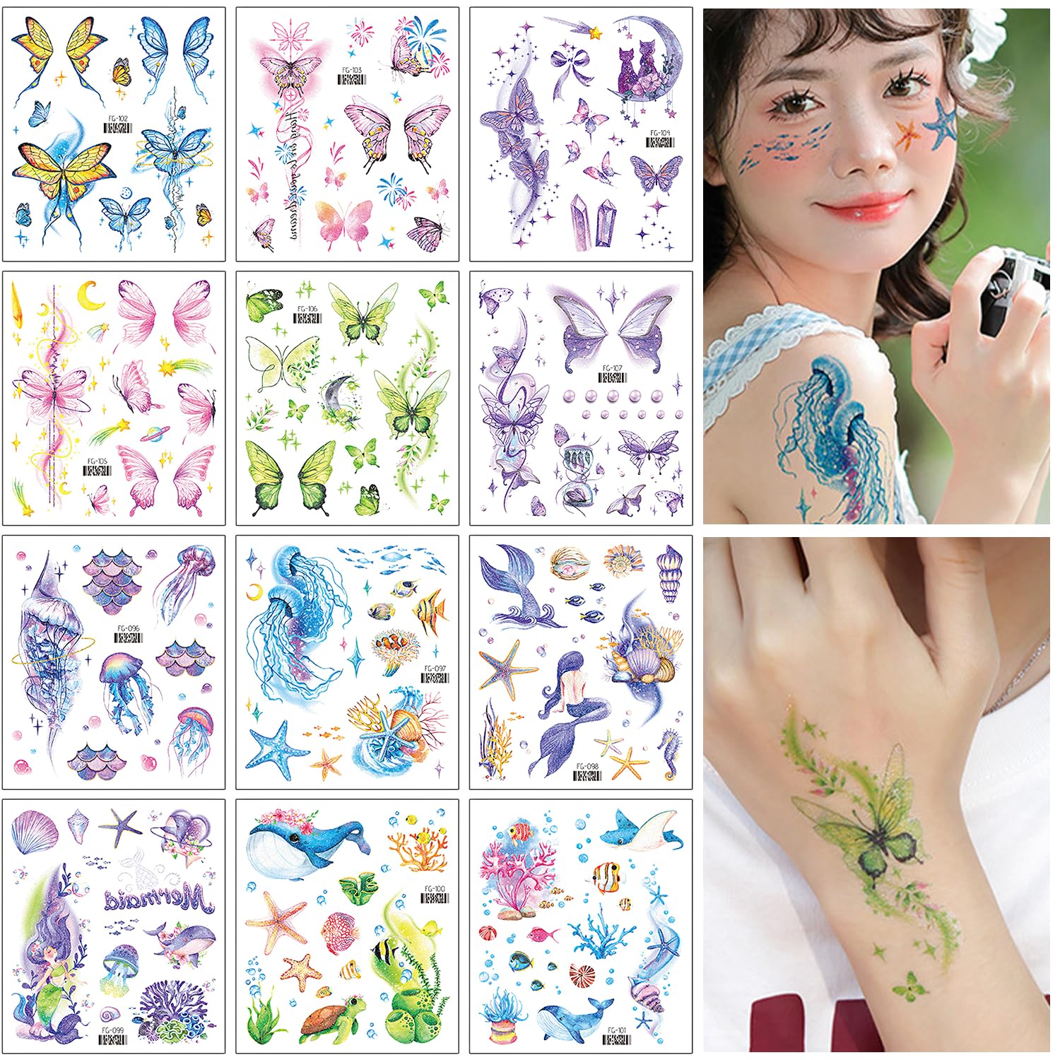 CoolShef Glitter Temporary Tattoo for Kids – 12 Sheets of Tattoo Kit for Girls, Kids Tattoo Stickers with Mixed Butterfly & Ocean Style Patterns, Waterproof Fake Tattoos for Party Favors & Supplies CoolShef Glitter Temporary Tattoo for Kids – 12 Sheets of Tattoo Kit for Girls, Kids Tattoo Stickers with Mixed Butterfly & Ocean Style Patterns, Waterproof Fake Tattoos for Party Favors & Supplies