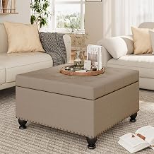extrasleep Ottoman with Storage,Solid Wood Frame,300 lb. Load Capacity, 30 Inch Square Storage Ottoman for Living Room, Bedroom, Sand