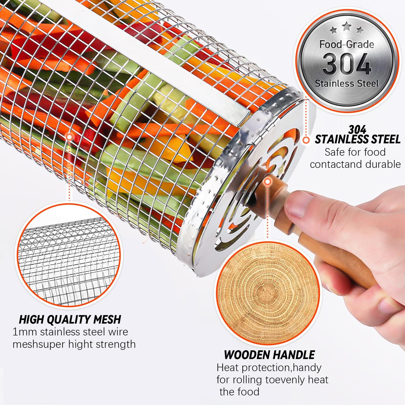 2PCS Cestini per Grigliare,Cestello per Griglia Rotante con Maniglia di Legno,Cestino per Barbecue Acciaio Inox,Accessori Barbecue per all'aperto,Cestello per barbecue all'aperto per verdure