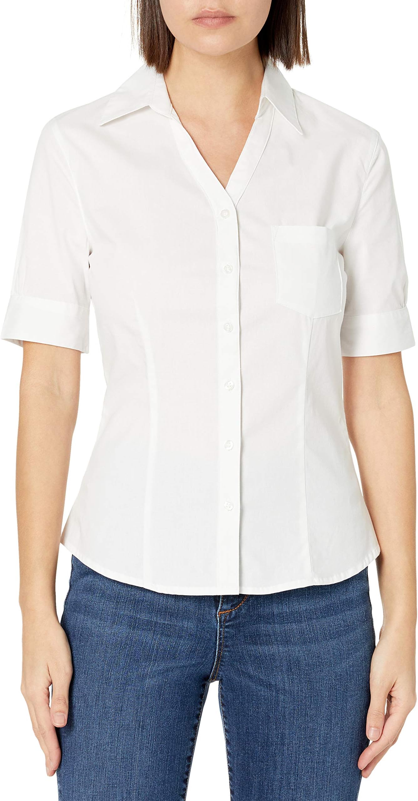 Lee Uniforms Juniors Short Sleeve Stretch Poplin Blouse, White, Medium