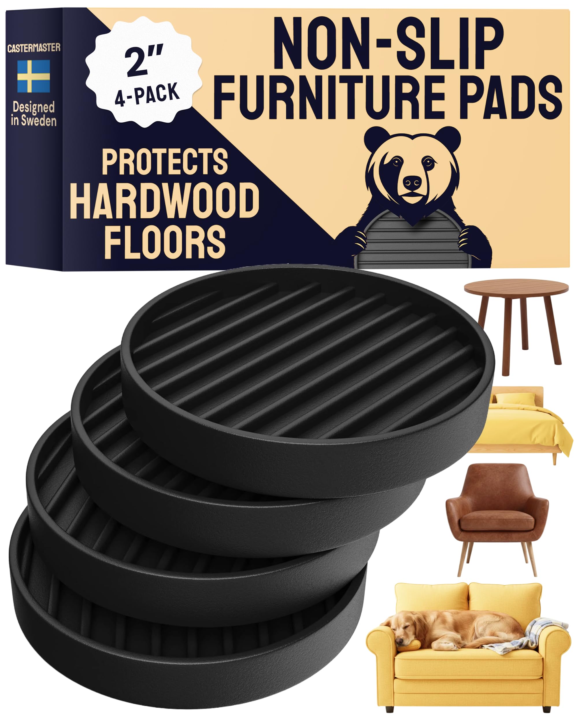 castermaster non slip rubber furniture cups for hardwood floors - 4x4 brown round caster pads - heavy furniture leg cups - set of 4