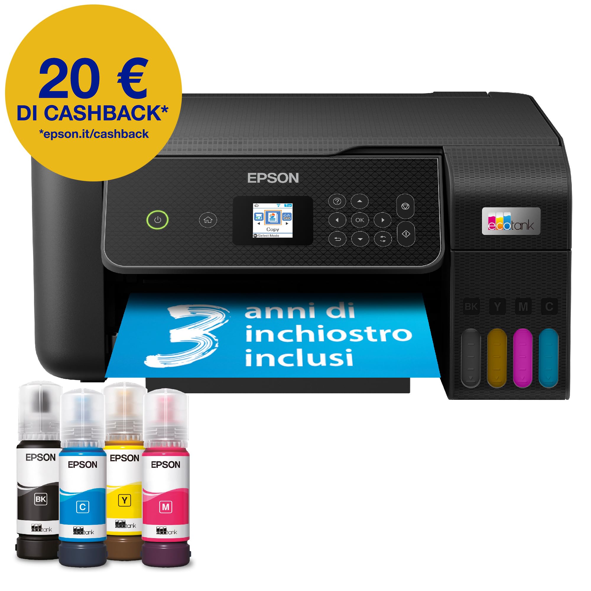 Epson EcoTank ET-2870 Stampante con Serbatoi D'inchiostro Wi-Fi A4 Stampa Copia Scansione LCD 3.7 cm 3 Anni Inchiostro Inclusi