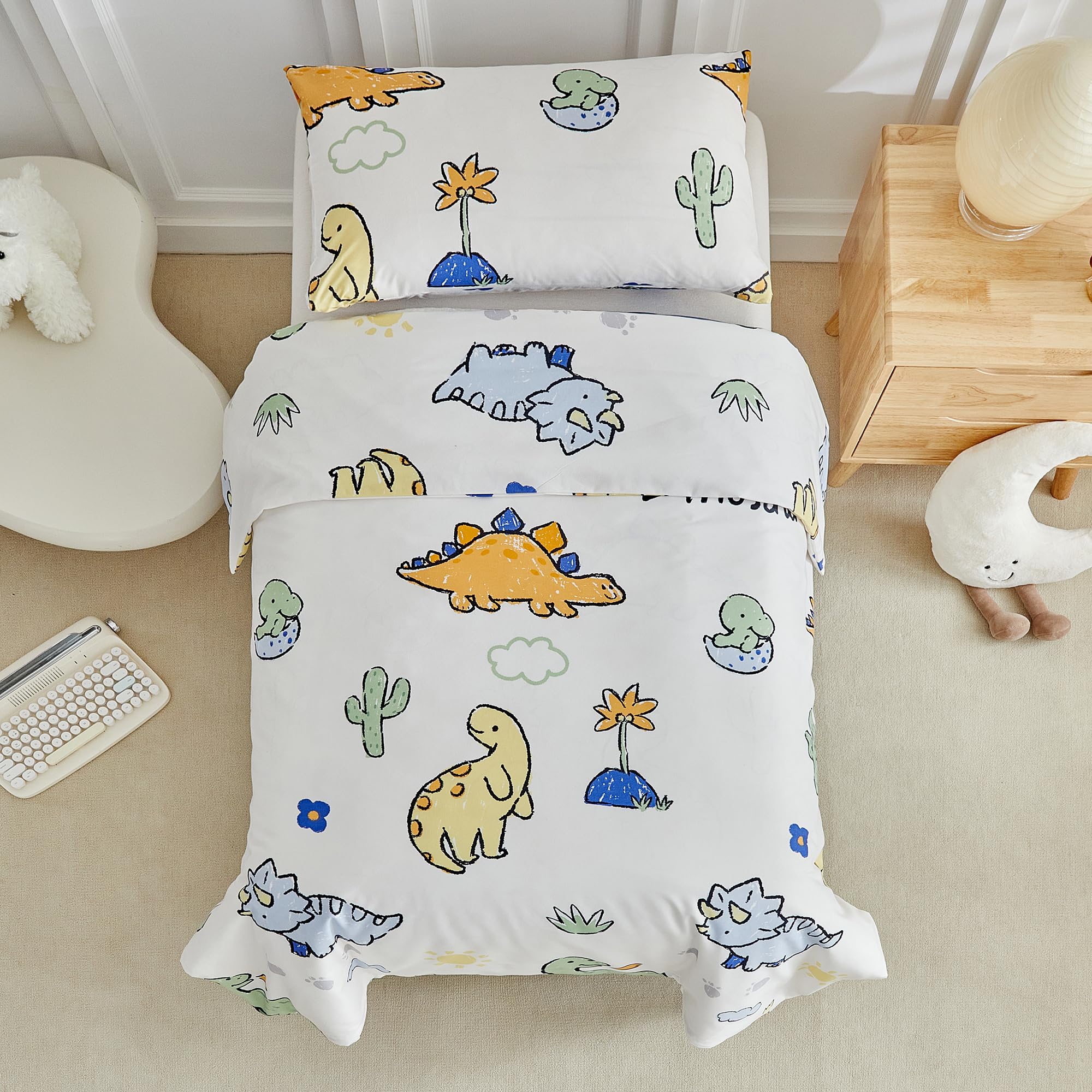 PinkMemory Dinosaur Cot Bed Duvet Cover Set for Boys Girls Animals Toddler Kids Bedding Set Cute Cartoon Microfibre Toddler/Junior/Cot for All Seasons-120x150CM