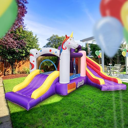 Miniatura 7 de Cloud 9 Casa inflable de unicornio con soplador, gorila para niños con dos toboganes y gran área de salto