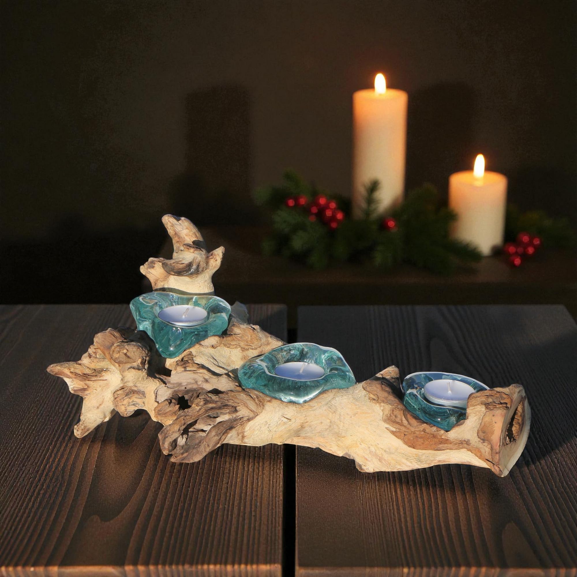 3er Teelichthalter - Handarbeit aus Wurzel Holz als Geschenkidee zur Deko Glas Teelicht 3 L