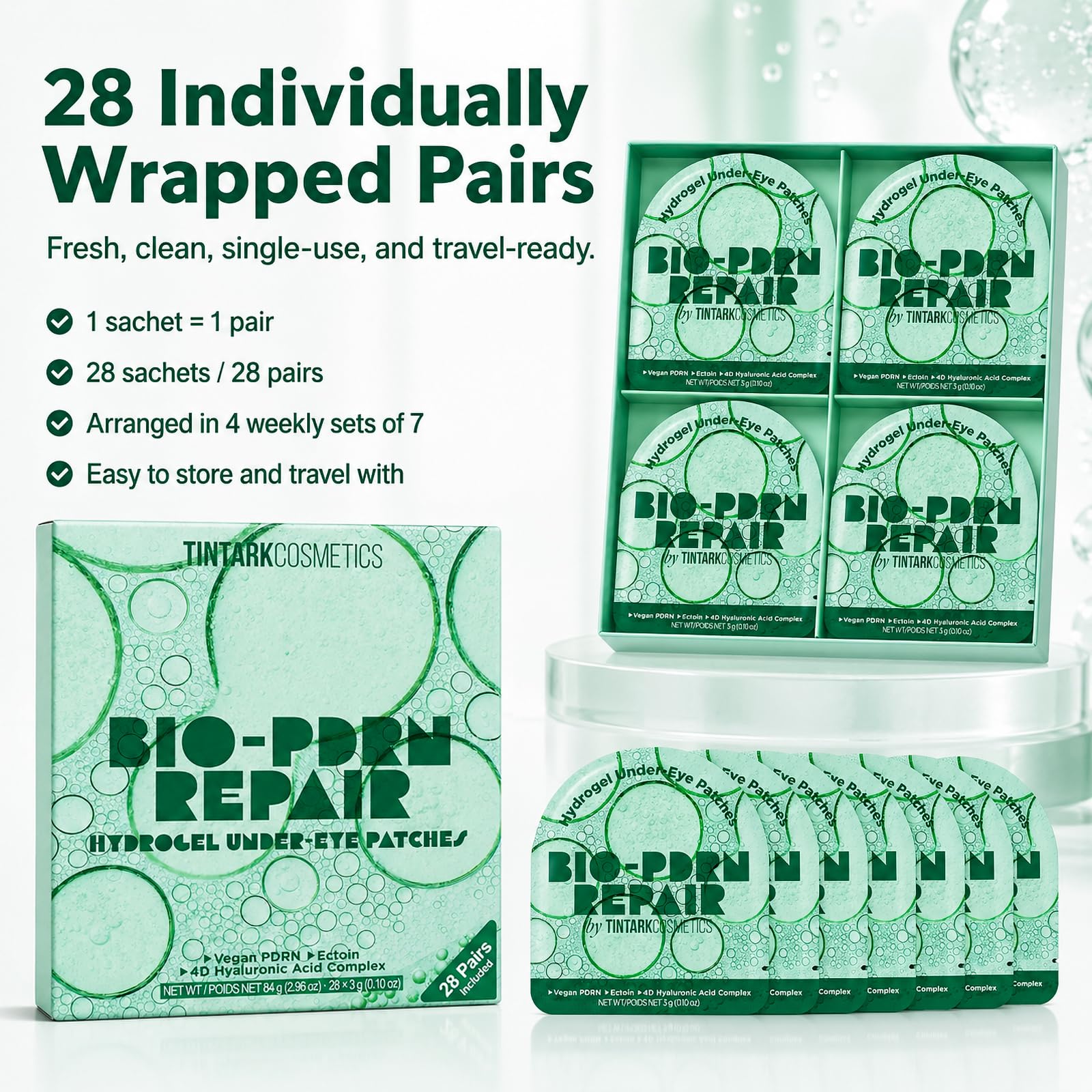 Bio-PDRN Repair Hydrogel Eye Patches (28 Pairs) - Vegan PDRN (Sodium DNA), Ectoin & 4D Hyaluronic Acid Eye Mask for Rapid Skin Cell Renewal & Repair, Travel & Self Care Essentials