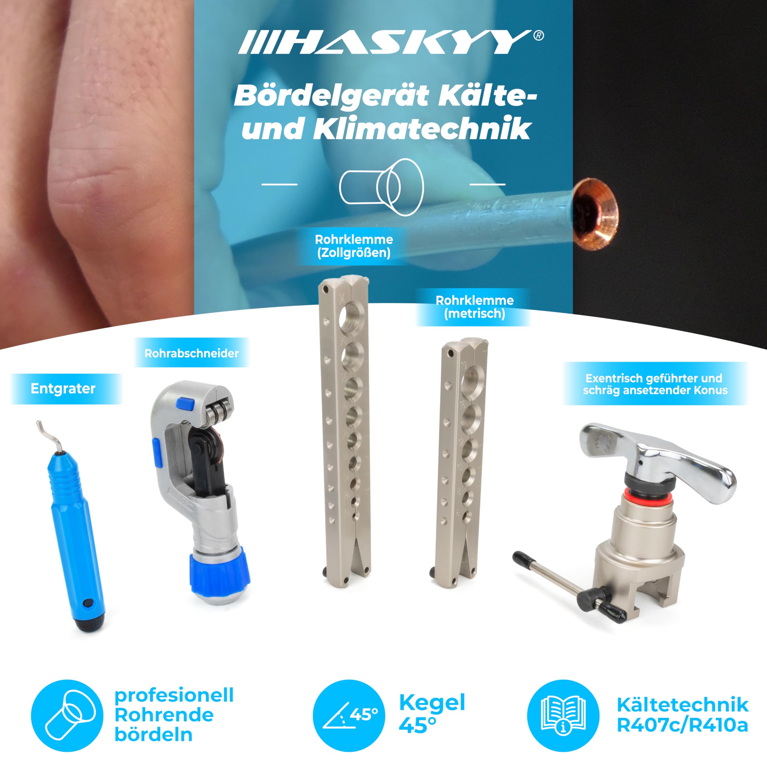 HASKYY Strumento di svasatura 5-19mm 1/8"-3/4" Utensile di svasatura oscillante Aria condizionata R407c R410a con Tagliatubi