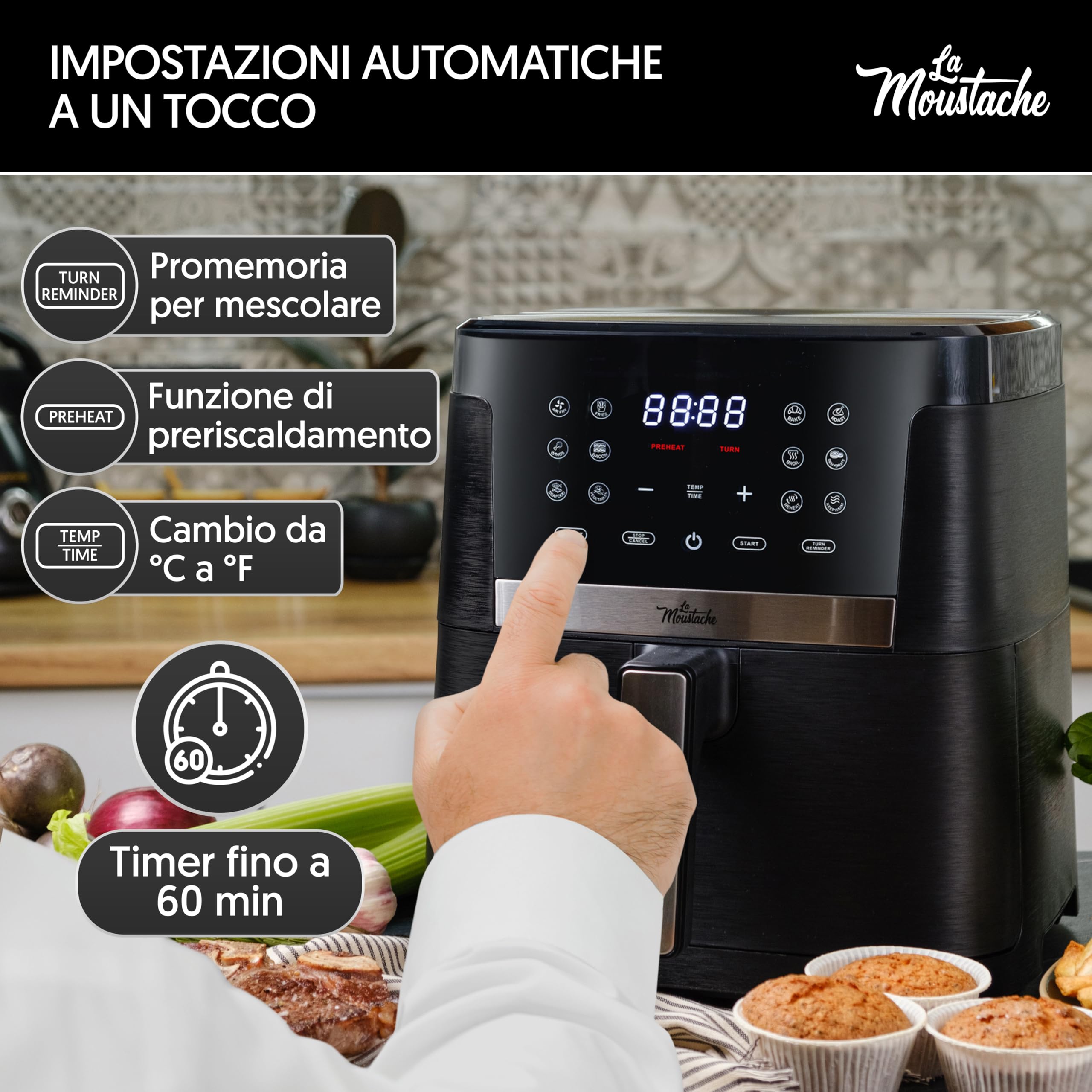 La Moustache - Friggitrice Senza Olio 7L ad Aria Calda 1800W con E-Book di Ricette, Air Fryer con 12 Programmi, Controllo Digitale 80-200 °C, Timer, Griglie Antiaderenti (Pro Smart)