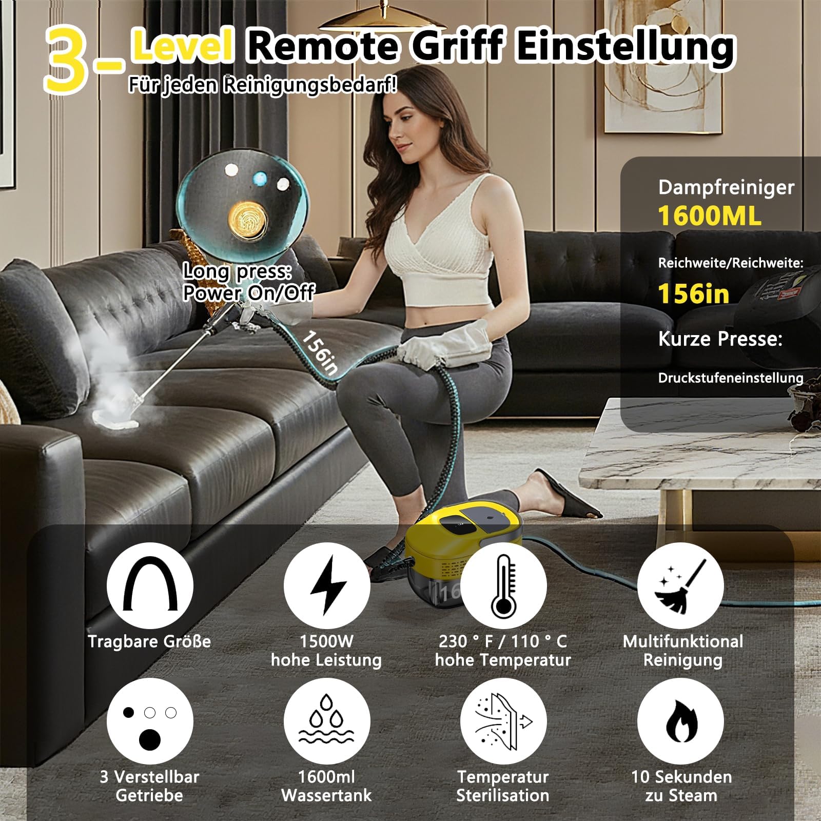 2026 neu 3-stufig einstellbarer dampfreiniger handgerät, 10 Sekunden Aufheizzeit und 1600 ml großer Tank Handdampfreiniger, Dampfreiniger für Haushalt und Auto, Küche, Fenstern (Yellow, 1 Set)