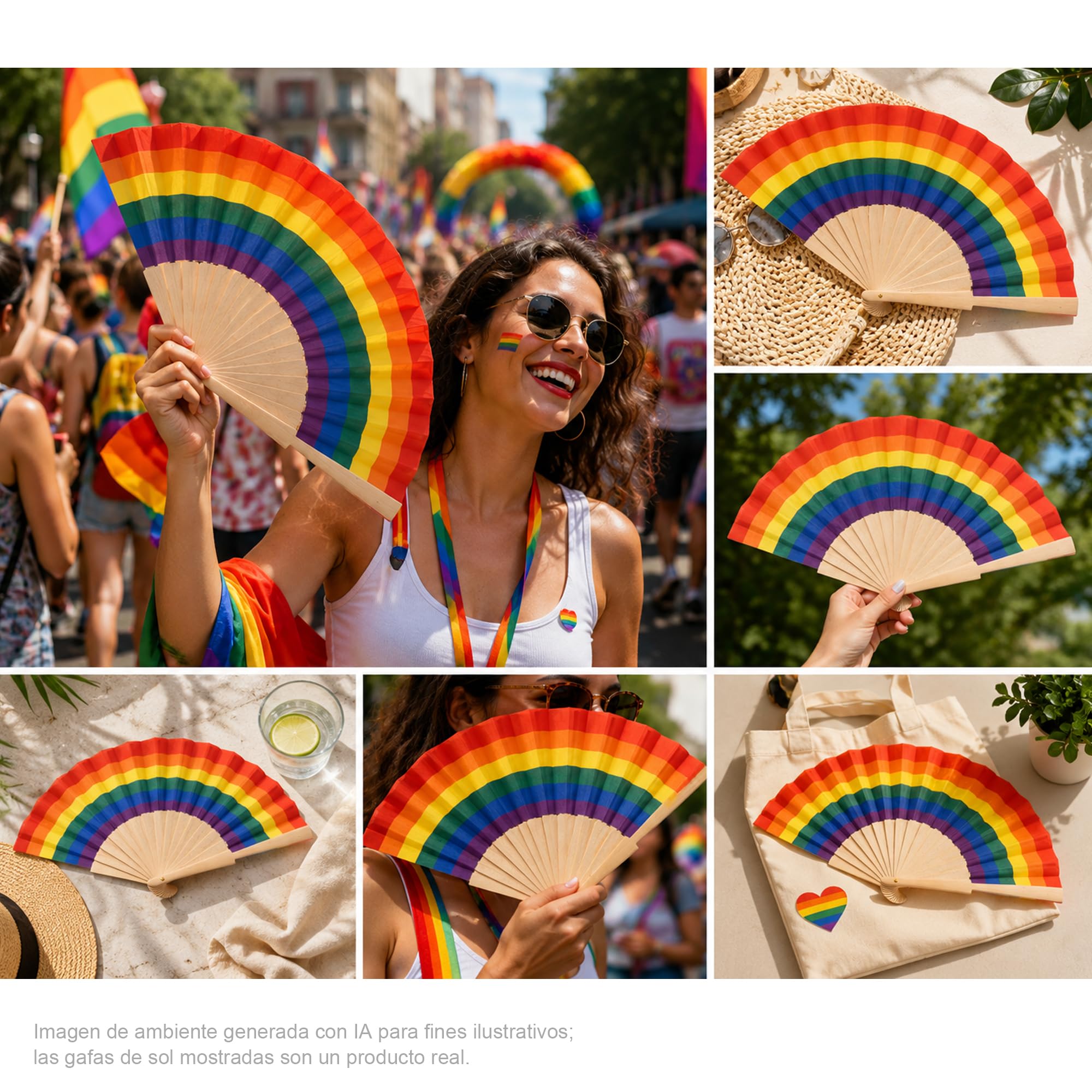 Pack 20 Abanico Multicolor Pride con Estampado Arcoíris, Varillas de Madera, Tela Multicolor, Ideal para Eventos, Desfiles, Fiestas Pride, Producto Ligero con Caja Blanca, Medidas 42,5x23x3 cm