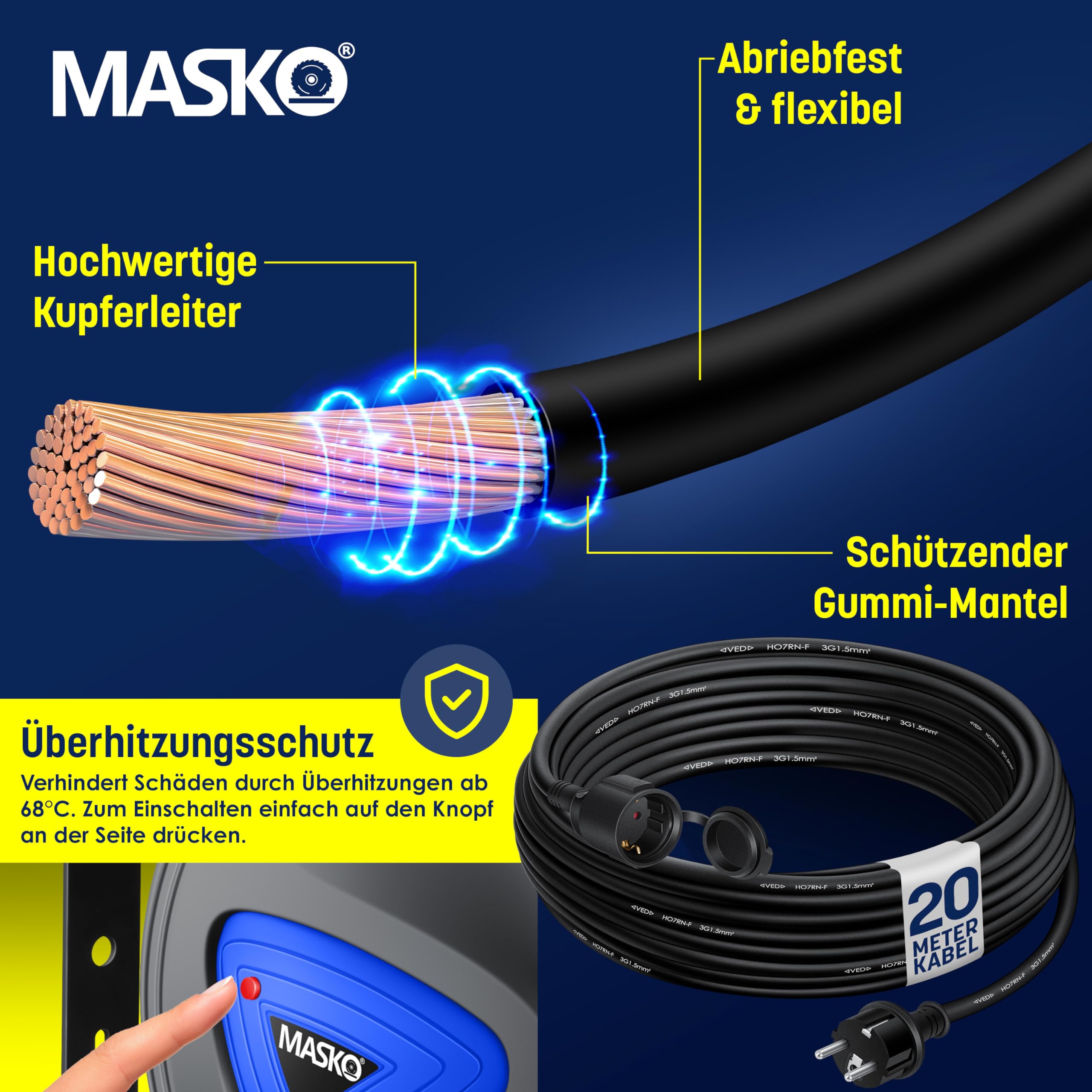 MASKO® Automatik Kabeltrommel Verlängerungskabel 20m mit 3-Fach Anschluss 180° drehbar 1,5m Zuleitung Wandhalterung Werkstatt Kabelaufroller Automatisch Stromtrommel Schlauchaufroller