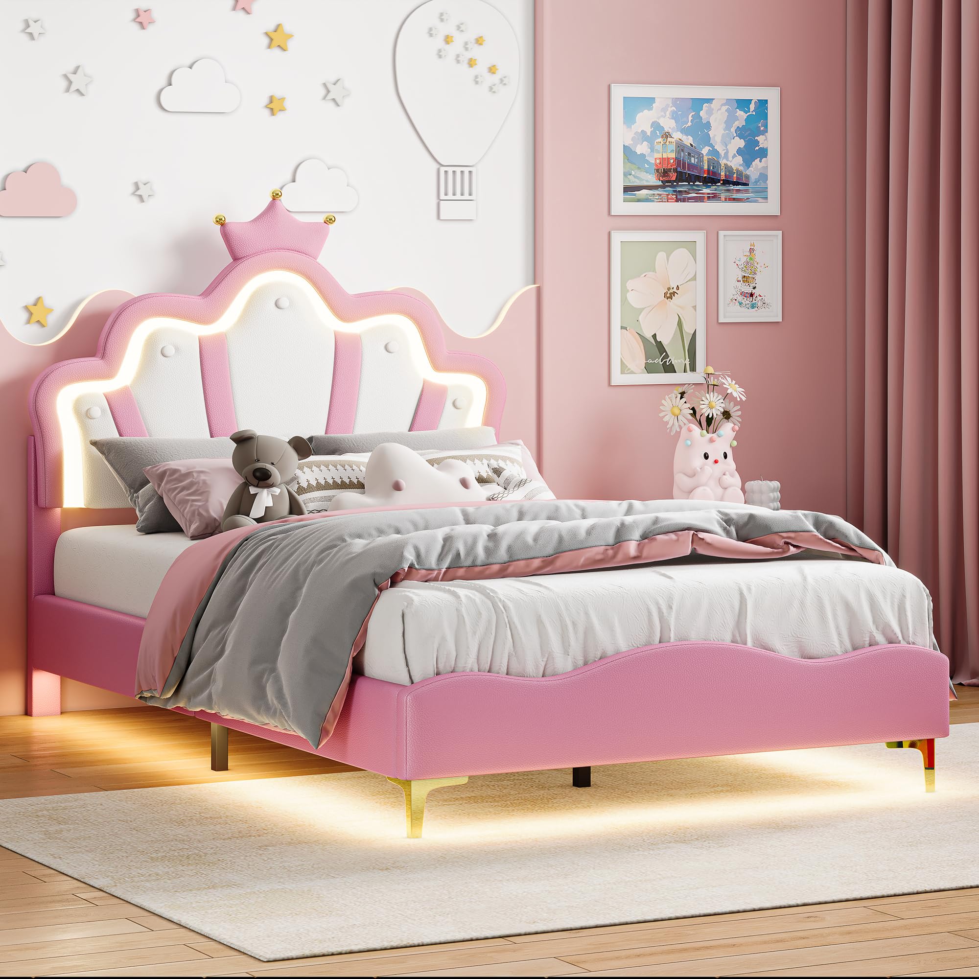 Lit Enfant 140x190 en Forme de Couronne Princesse, Lit avec LED et Tête de Lits Réglable, Cadre Lits 1 Place en Nuages pour Ado, Rose PU