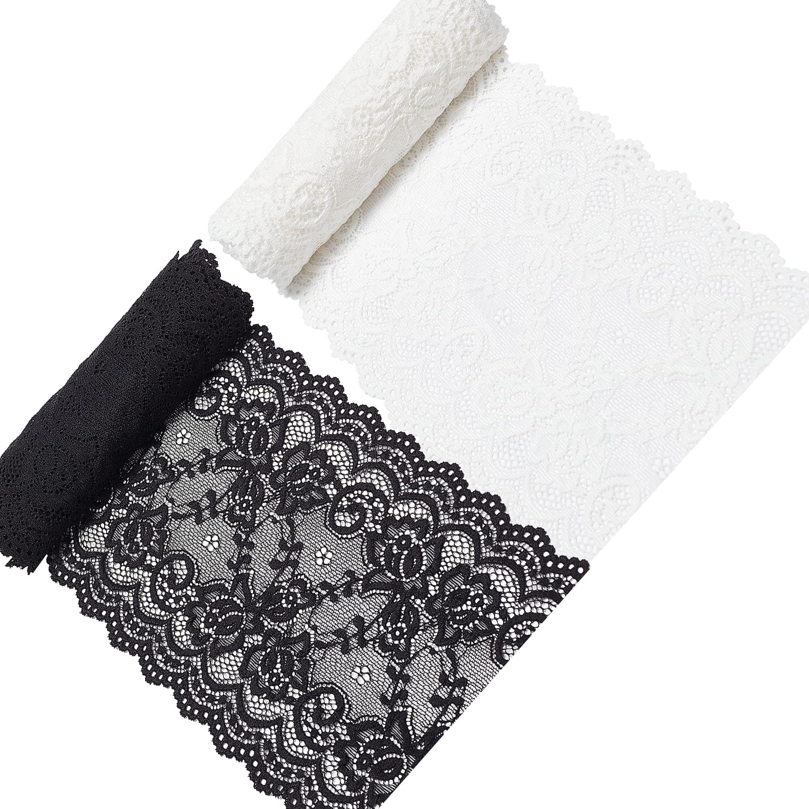 GORGECRAFT 5 Yards 2 Rolls 6.3 Inch Wide Stretch Elastic Lace Ribbon White Black Floral Rose Pattern Trim Fabric for DIY Sewing Craft Costume Hat Hair Band Tablecloth Wedding Decoration Supplies