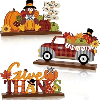 3 Pcs Fall Centerpieces for Tables, Wooden Autumn Fall Decorations for Home | Thanksgiving Decorations Indoor, Give Thanks Turkey Truck Designs, Rustic Farmhouse Harvest Decor for Kitchen Shelves Mantel