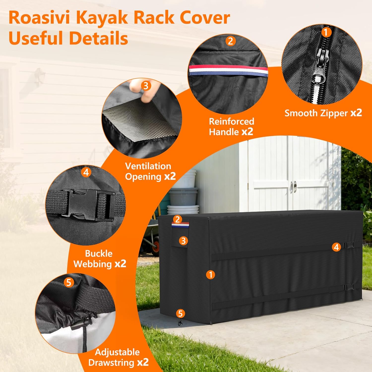 Kayak Rack Cover 12.1'L x 3'W x 4.6'H Black Comprehensive Protection, Suitable for 2-4 Levels Freestanding Kayak Racks, for Garage/Outdoor, Durable & Tear-Resistant