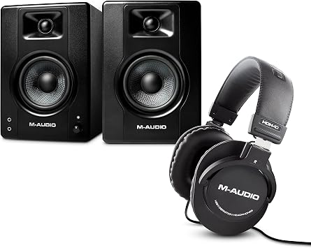 M-Audio Bundle - BX4 4.5" Studio Monitor Speakers and Over Ear Studio Headphones for Recording, Mixing and Streaming with Music Production Software
