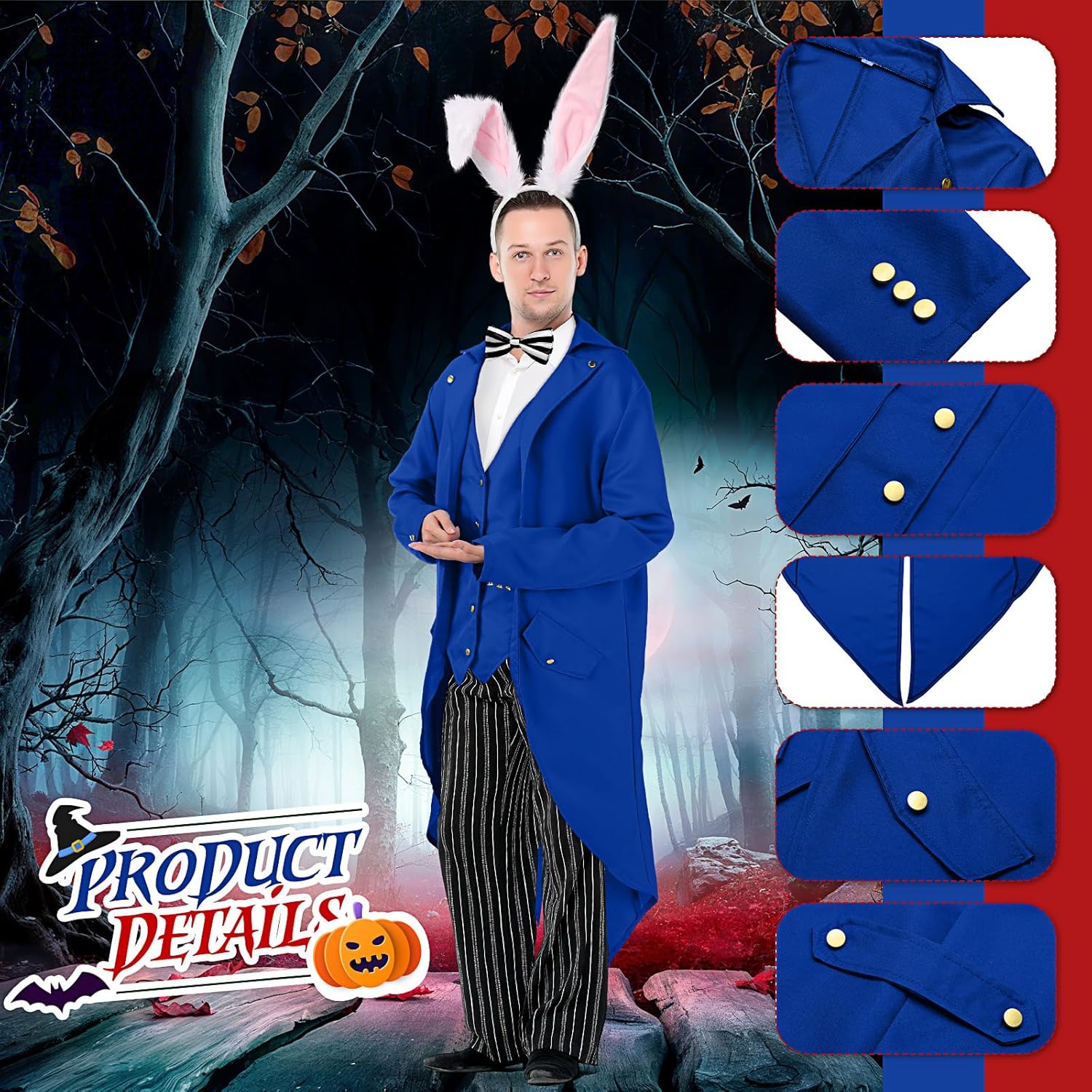 Geyoga Easter Men Rabbit Costume Include Steampunk Vintage Tailcoat Jacket Bunny Ears Bow Tie for Easter Party