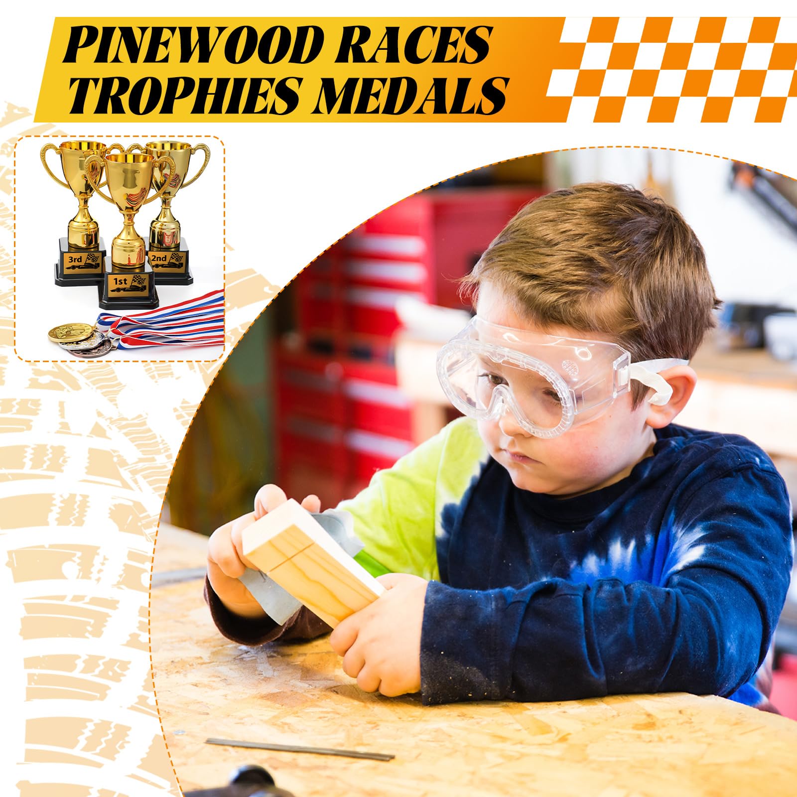 Jinei Juego de 6 medallas de trofeos de carreras de coches de madera de pino, 1ª, 2ª, 3ª medallas de premio con cinta roja blanca y azul para el cuello, trofeos Derby de plástico dorado de 7 pulgadas