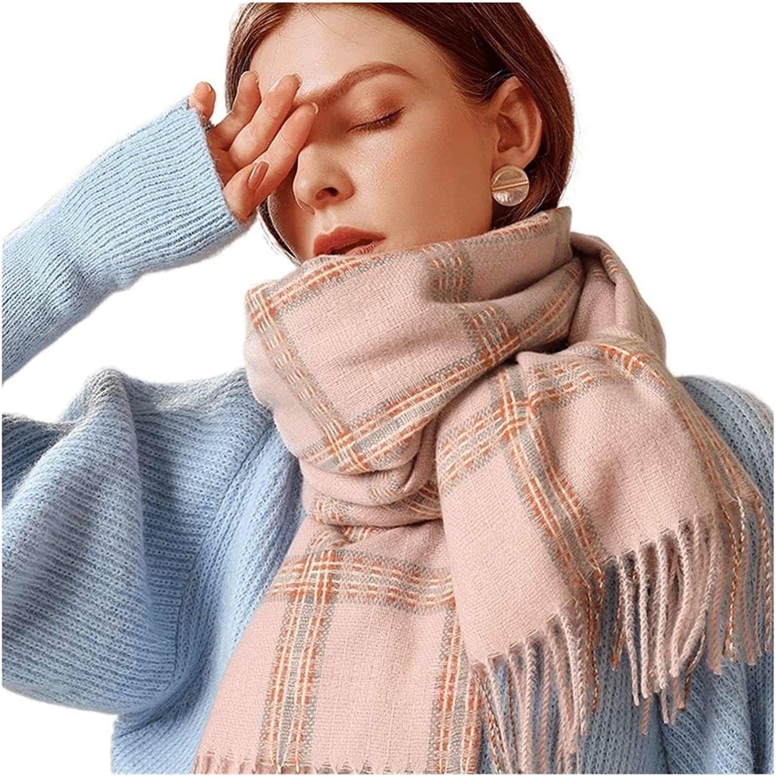 Neu Synthetischer Wollschal, Warmer Winterschal mit kariertem Muster, Dicker weicher Fransenschal, modischer Damen-Wickelschal 65 * 180 cm Mehrweg