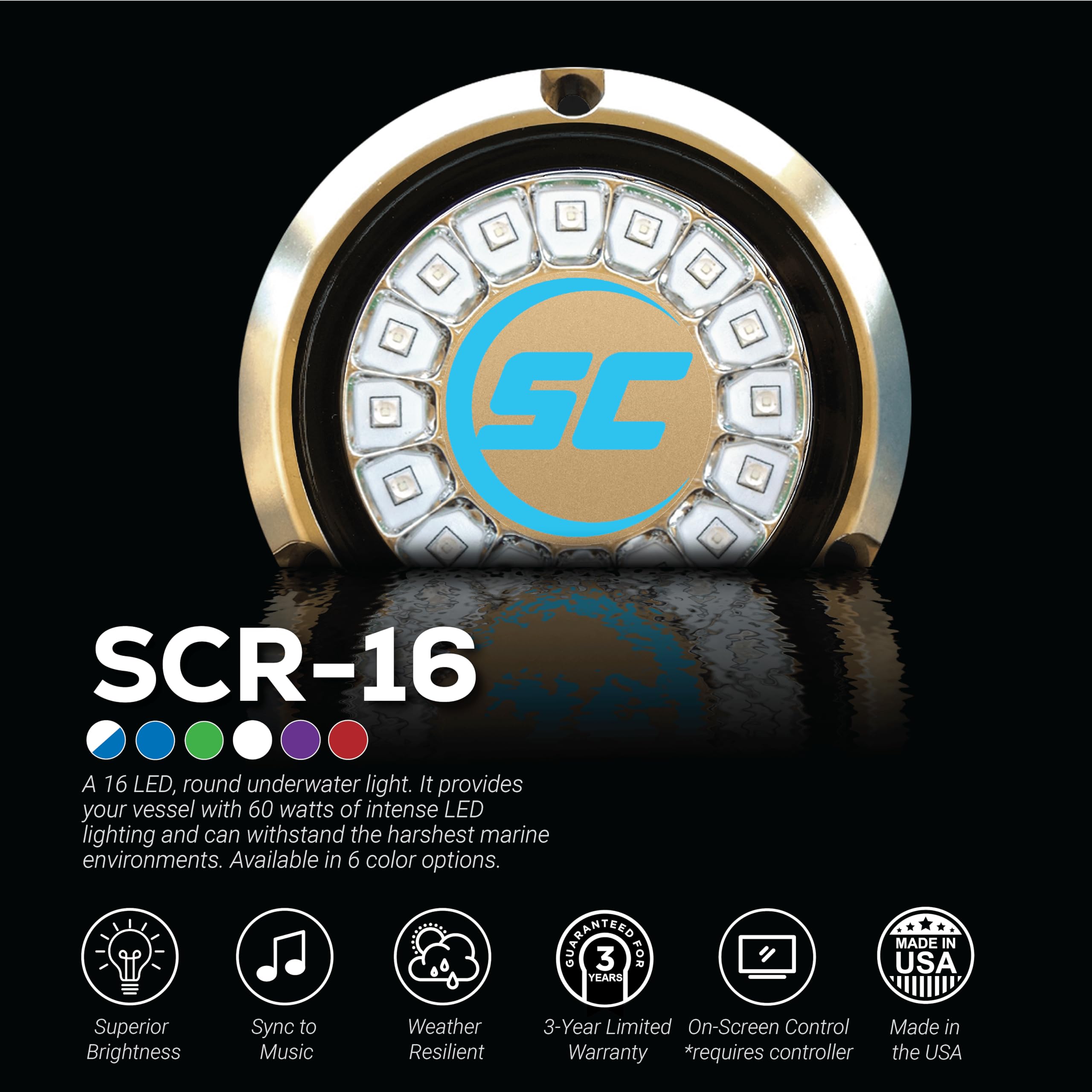 shadow-caster SCR-16 LED Underwater Boat Light - Dual Color Blue/White Combo - Bronze Housing - 60W Suface Mount - Tempered Glass Lens - IP68 Fully Submersible Waterproof