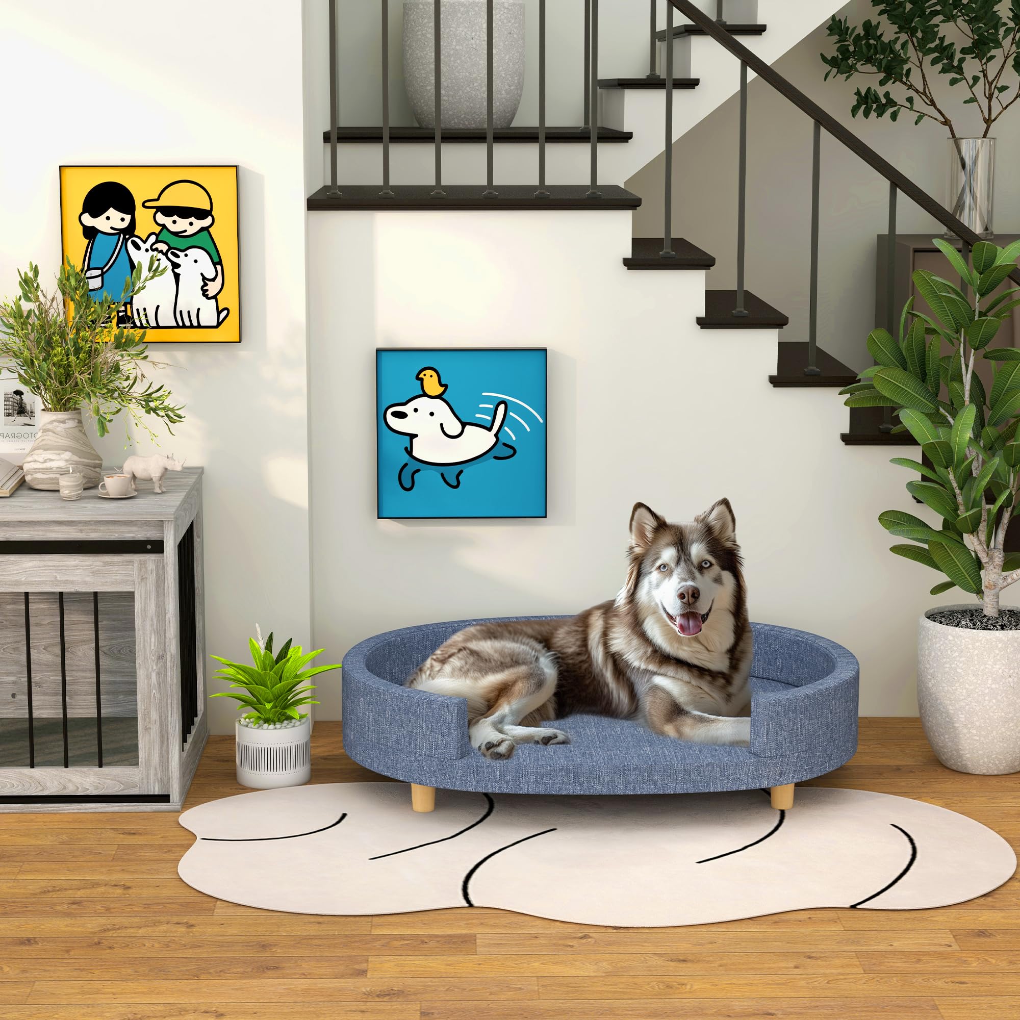 PawHut Sofá para Perros Grandes Sofá para Mascotas con Funda Lavable Cojín Desmontable y Patas de Madera de Pino Carga 30 kg para Interior 100x70x25 cm Azul