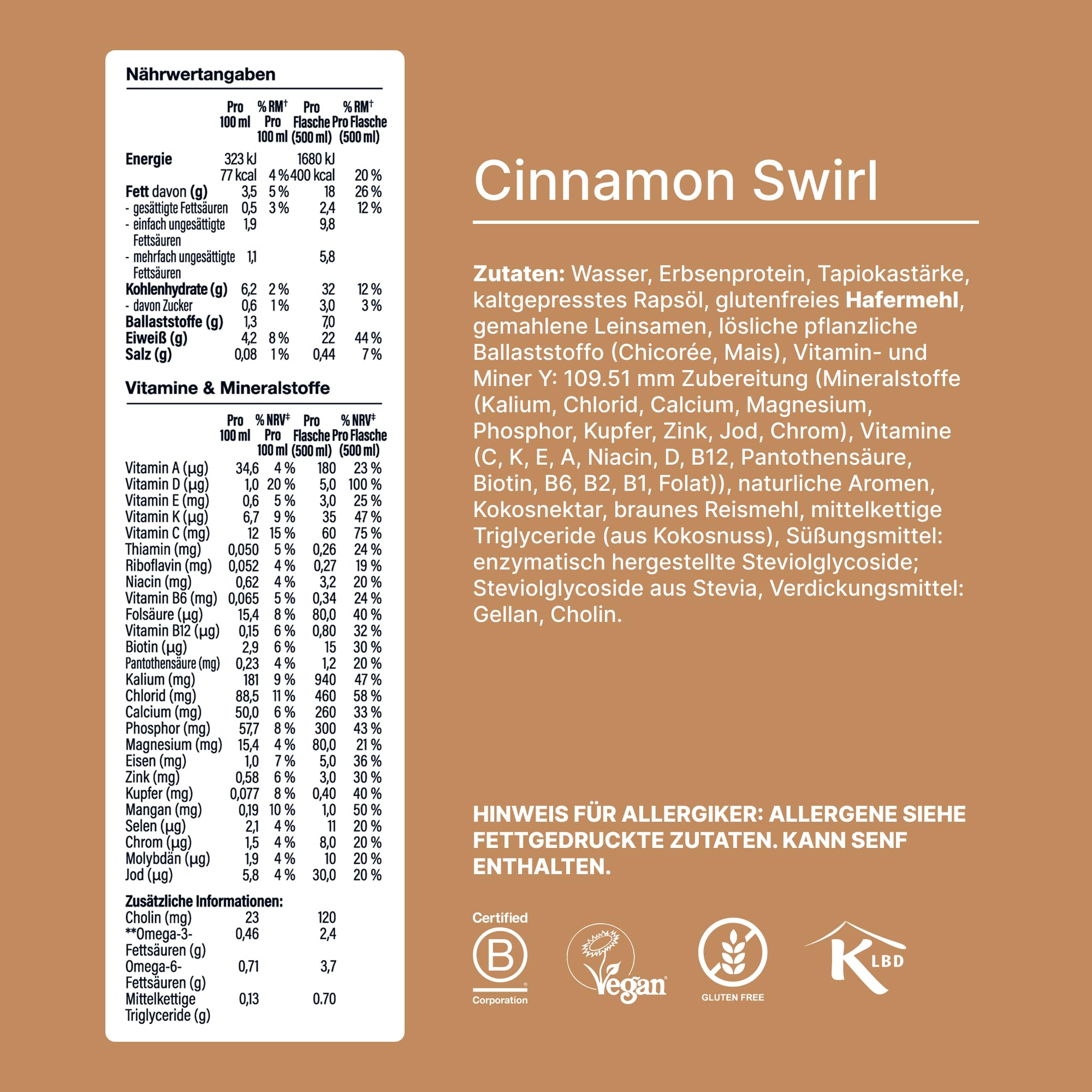 Huel Drink Cinnamon Swirl, fertige Trinkmahlzeit für unterwegs - 12 x 500 ml - 22 g Protein, Reich an Vitaminen, Mineralstoffen & Ballaststoffen, Plant-based, Geschmack Zimt, inkl. 3 € Pfand