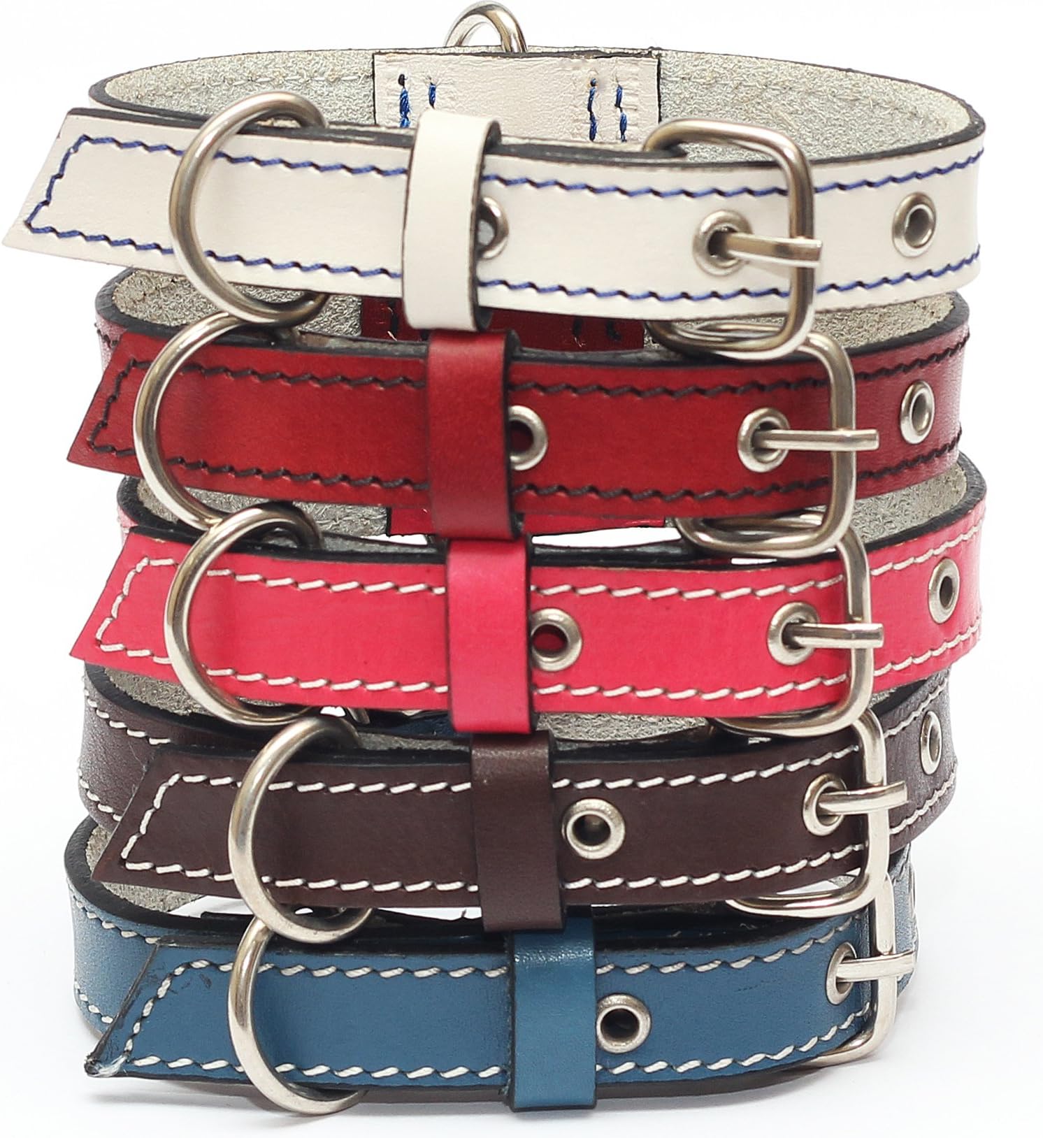 forPups Premium Leather Collars with Stainless Steel Buckles (12"-15", Blue)