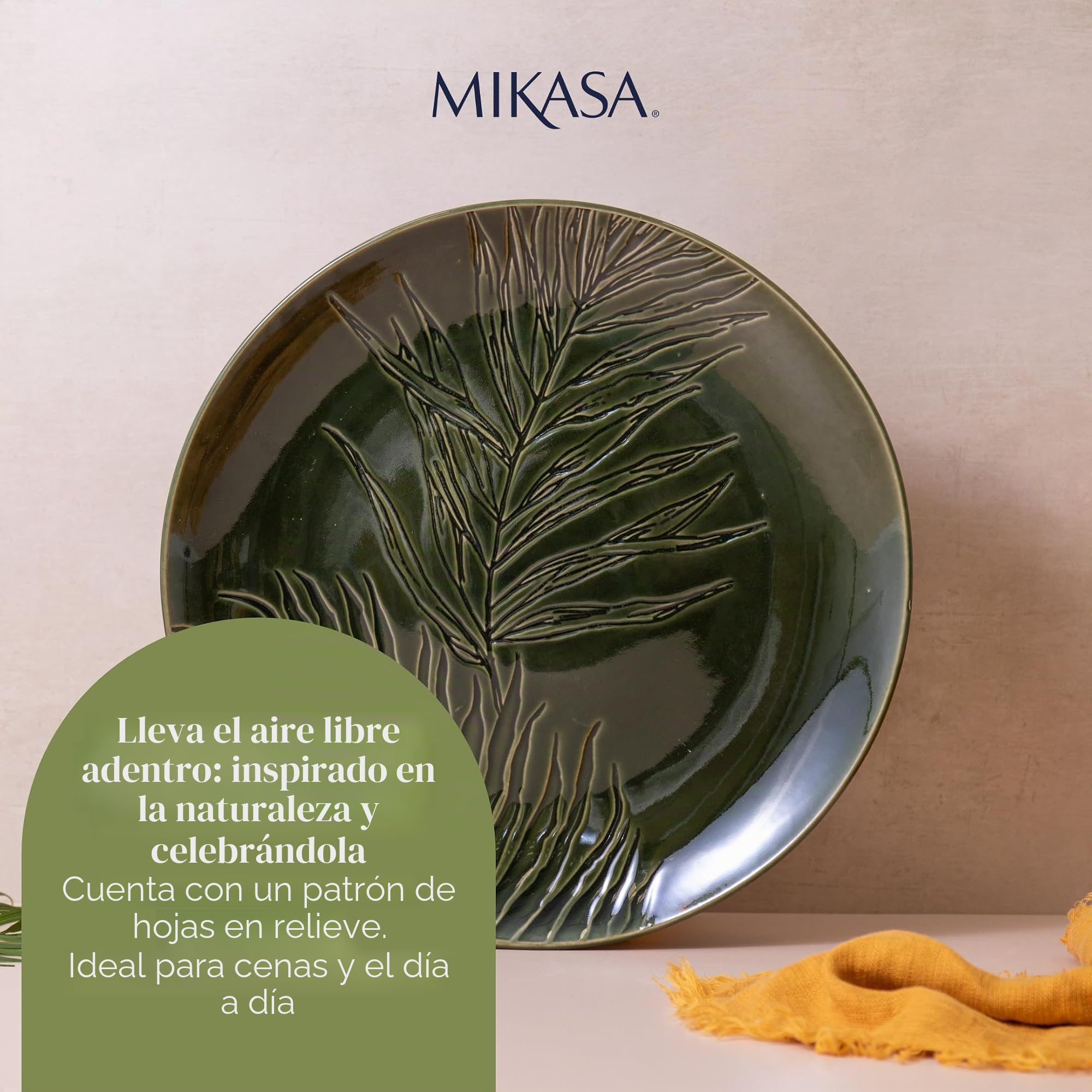 Mikasa Jardin - Plato redondo de gres verde para servir alimentos, 35 cm, plato grande para entrantes y antipasti, en caja de regalo y apto para lavavajillas