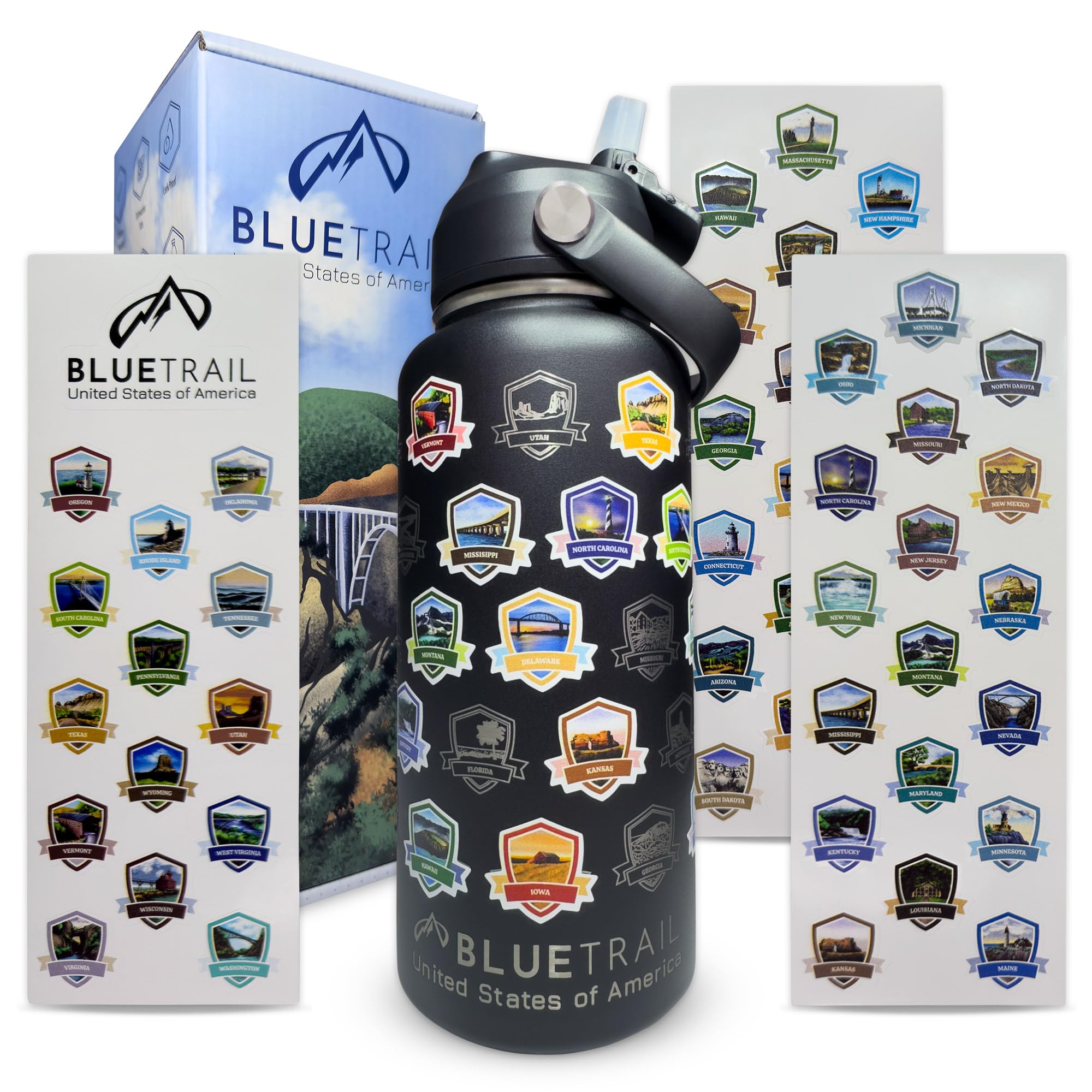 BlueTrail 50 States Water Bottle with Stickers - 32 oz Insulated Stainless Steel, Upgraded Leak-Proof Lid, UV & Waterproof Permanent Stickers, Laser