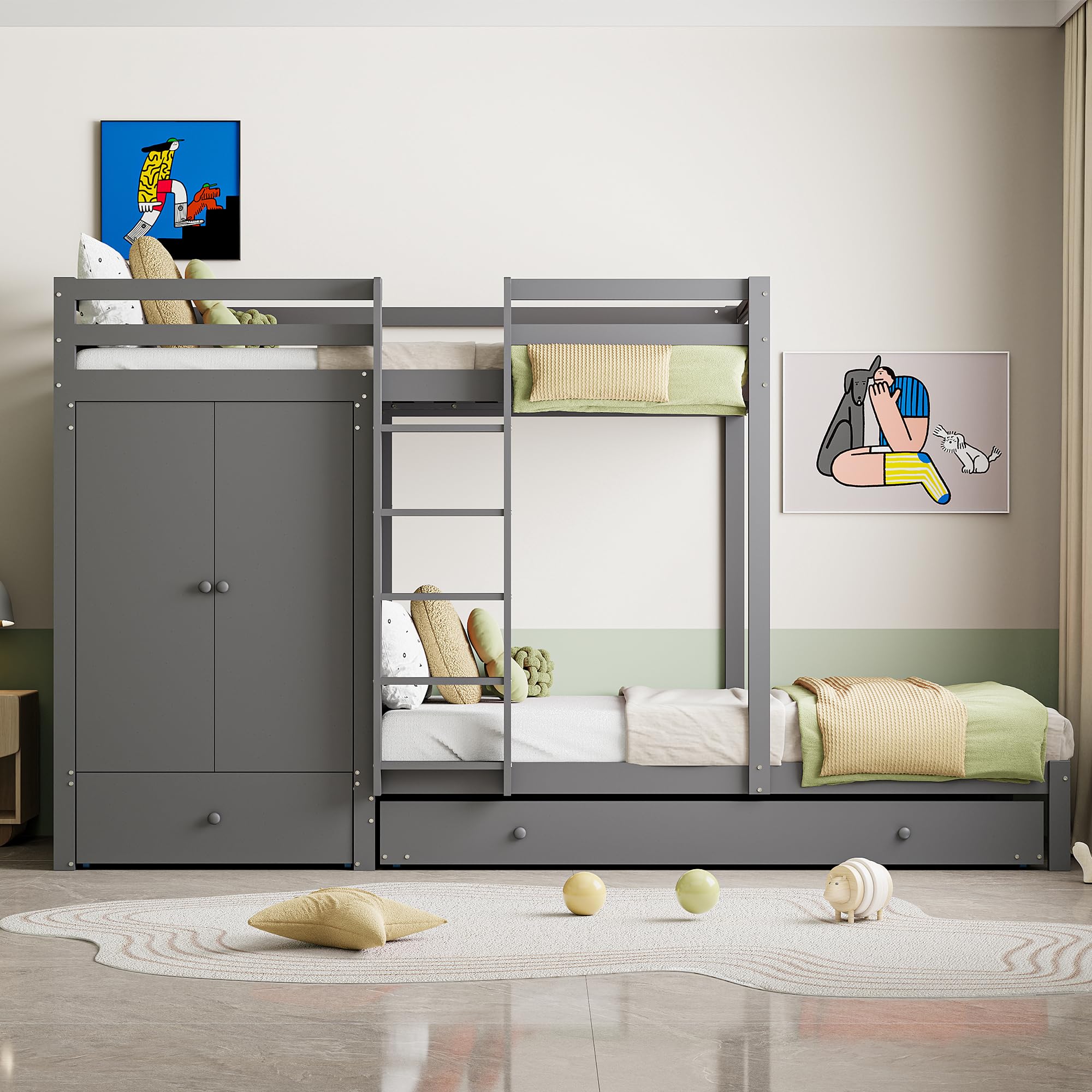 Azkoeesy Litera para 3 Personas, 90x200 + 90x190 cm, con Cama Nido, Armario Empotrado y estanterías, cajón, somier, barandilla, Cama Triple, para Adolescente y Adulto, Color Gris