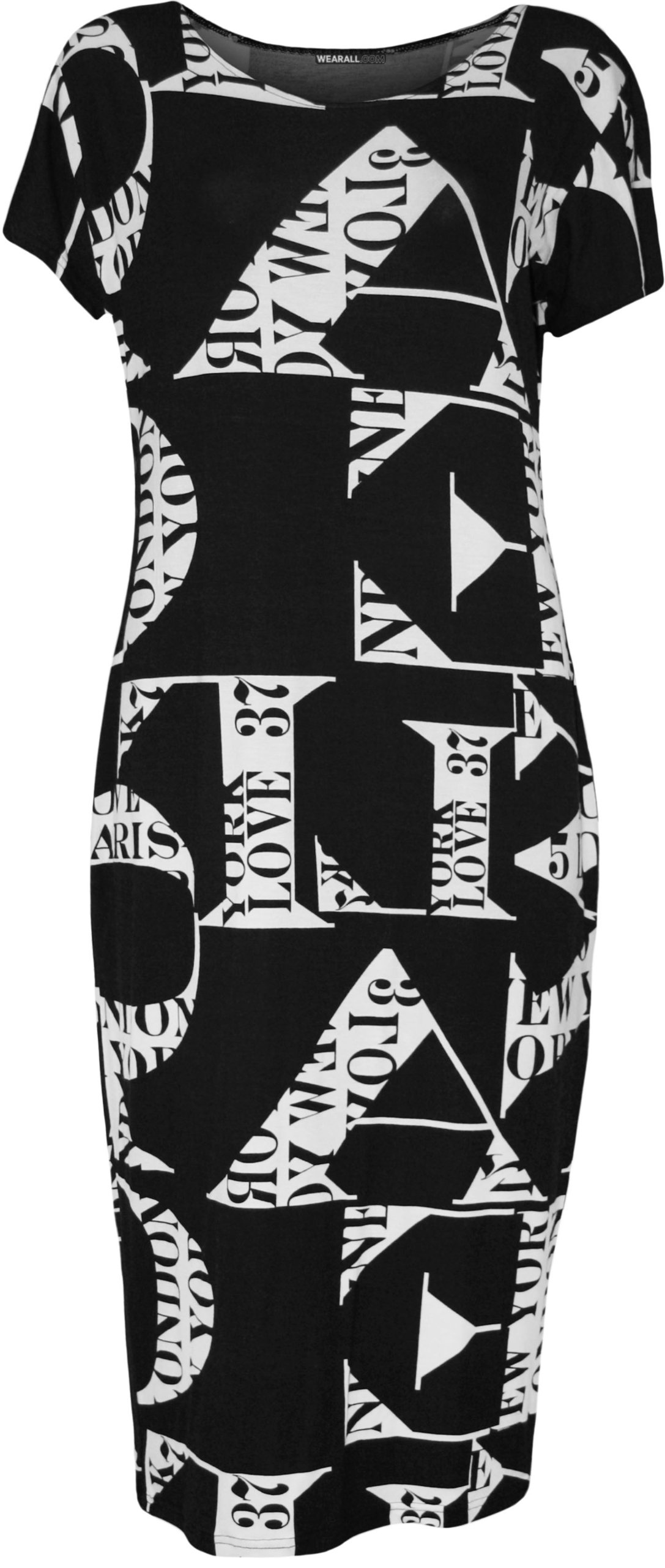 WearAll Womens Plus Size Print Short Sleeve Scoop Stretch Ladies Midi Dress - Letters - 26-28
