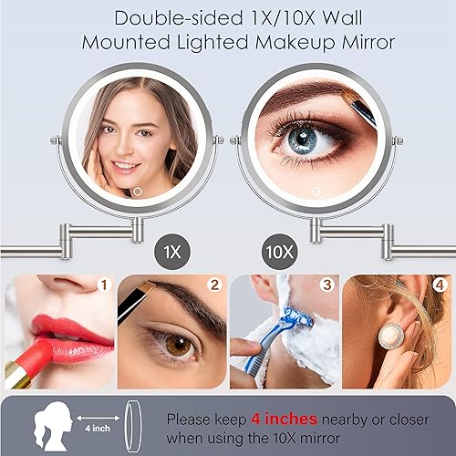 Miniatura 3 de VESAUR Espejo de maquillaje recargable de 9 pulgadas, espejo de tocador de aumento de doble cara 1X10X con 3 colores, brillo ajustable, espejo de