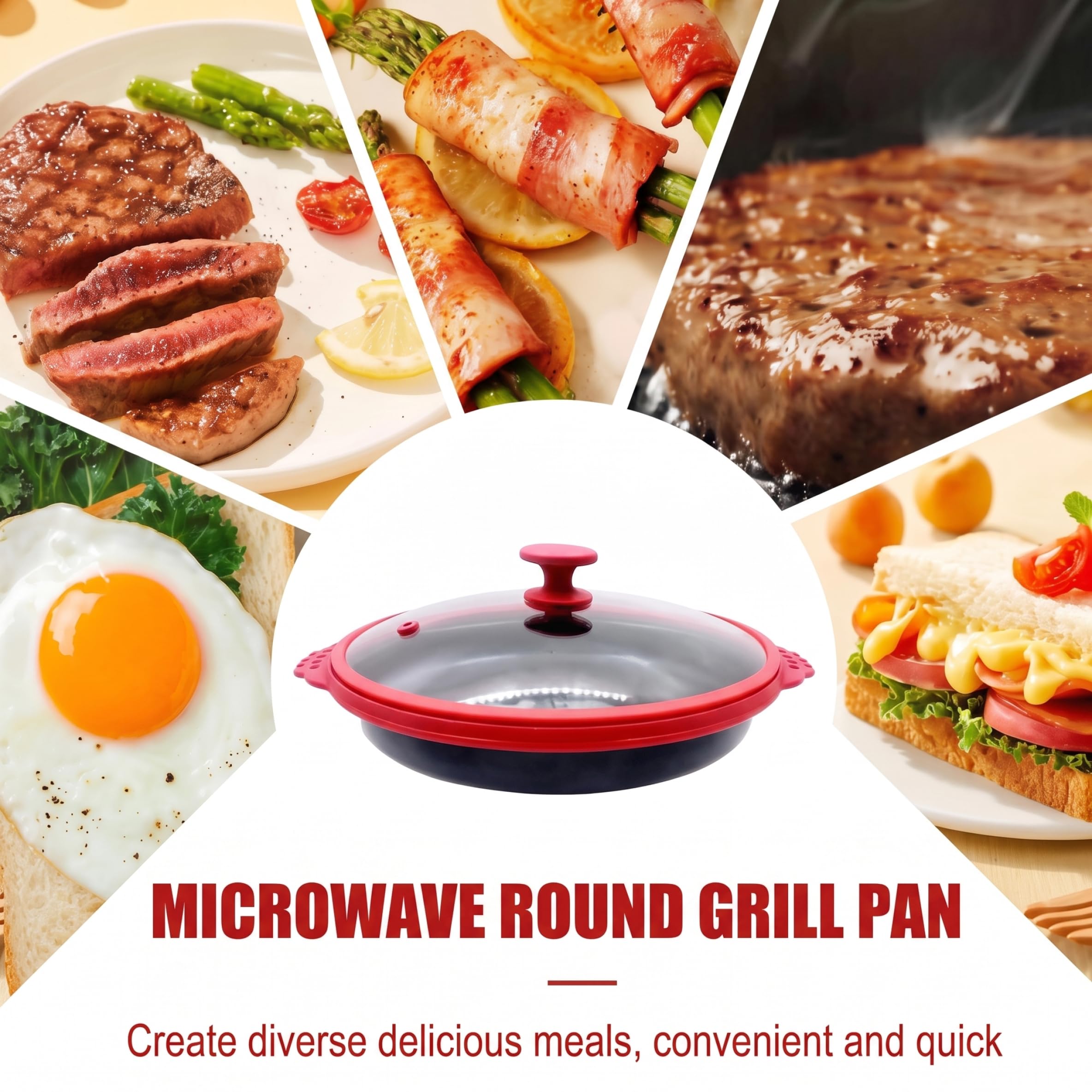 Teglia per microonde con coperchio, pentola per pancetta a microonde - Silicone alimentare, vassoio di cottura multi-ingrediente, rosso