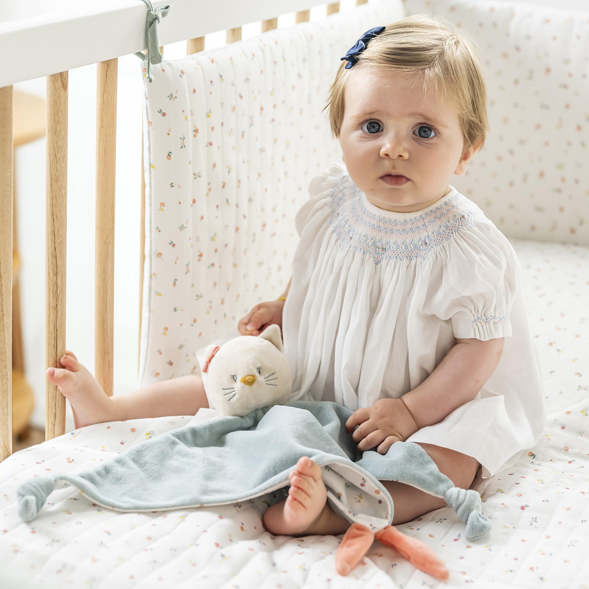 Nattou Maxi-Doudou Plat en Coton et Velours, Doudou Lana la Chatte, Compagnon de Route dès la Naissance, env. 65 x 40 cm, Mila, Zoë et Lana, Bleu Clair