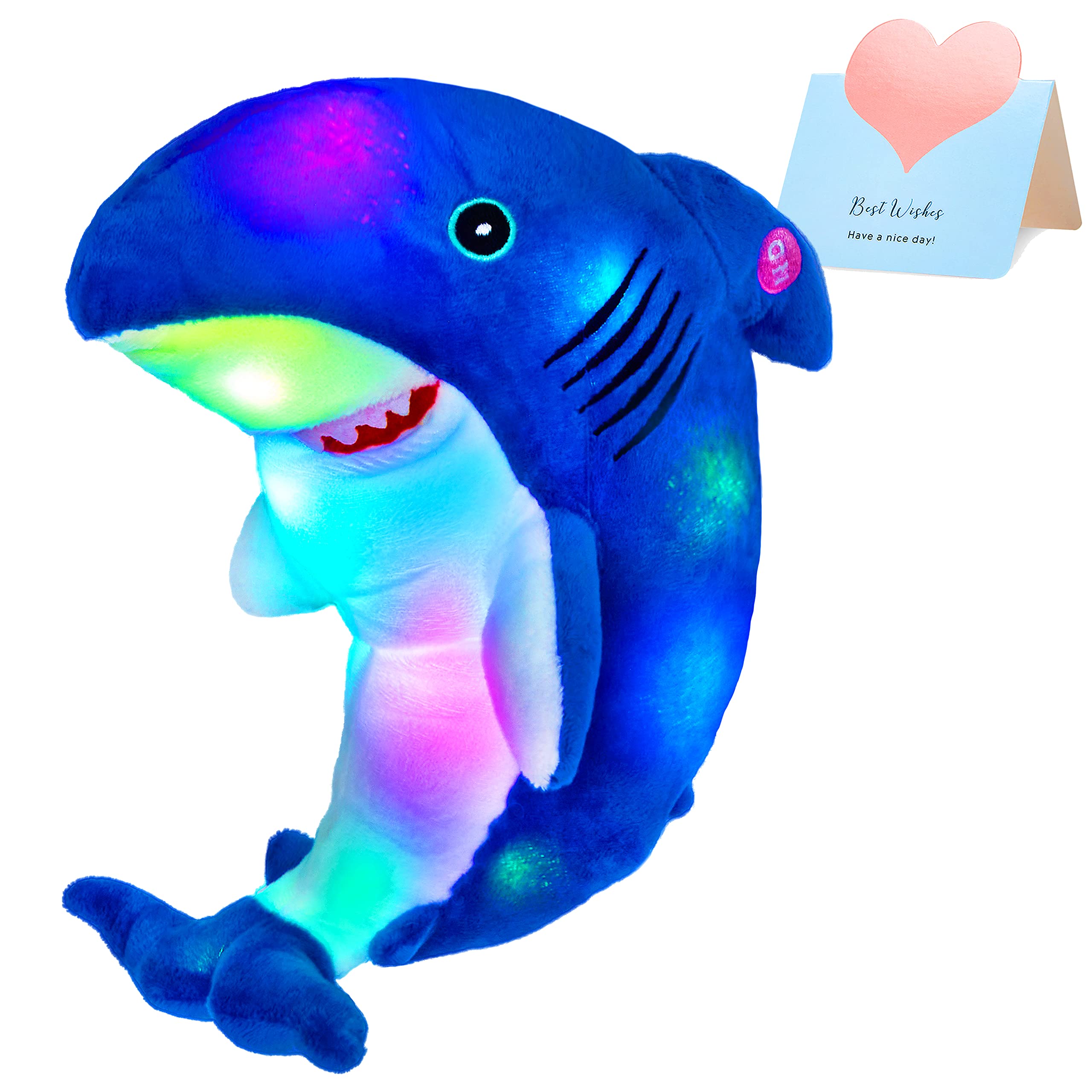 BSTAOFY Light up Blue Shark Stuffed Animal Glow Plush Ocean LED Species Toy Afraid of Dark Birthday Valentines for Kids, 10 Inches