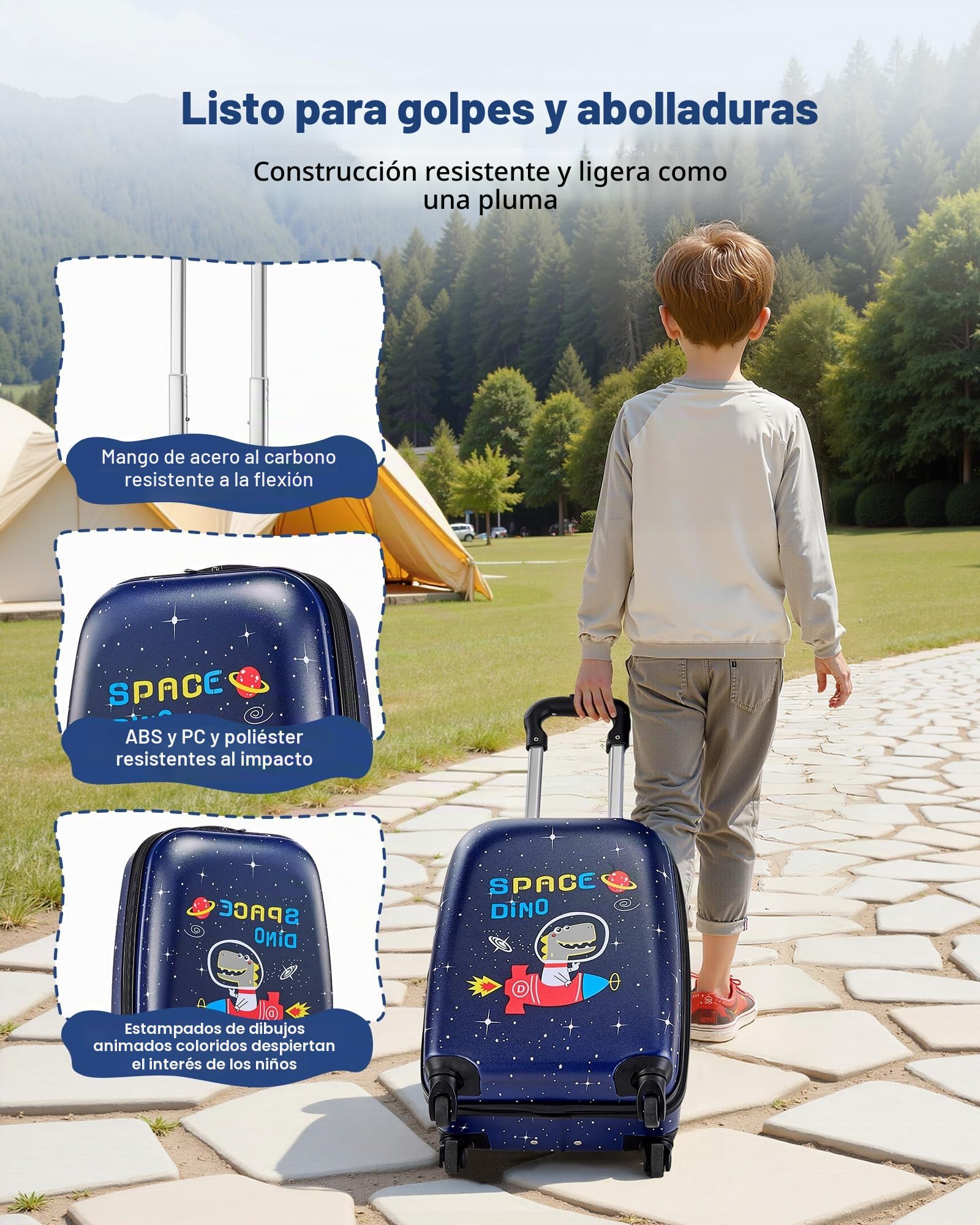 VEVOR Juego de Maletas Infantiles 2 Piezas, Maleta de Cabina con Ruedas 45,7 cm, Mochila de Carcasa Dura, Dinosaurio Azul Marino, Equipaje Infantil para Escuela Viaje Camping, Aprobado por Aerolíneas