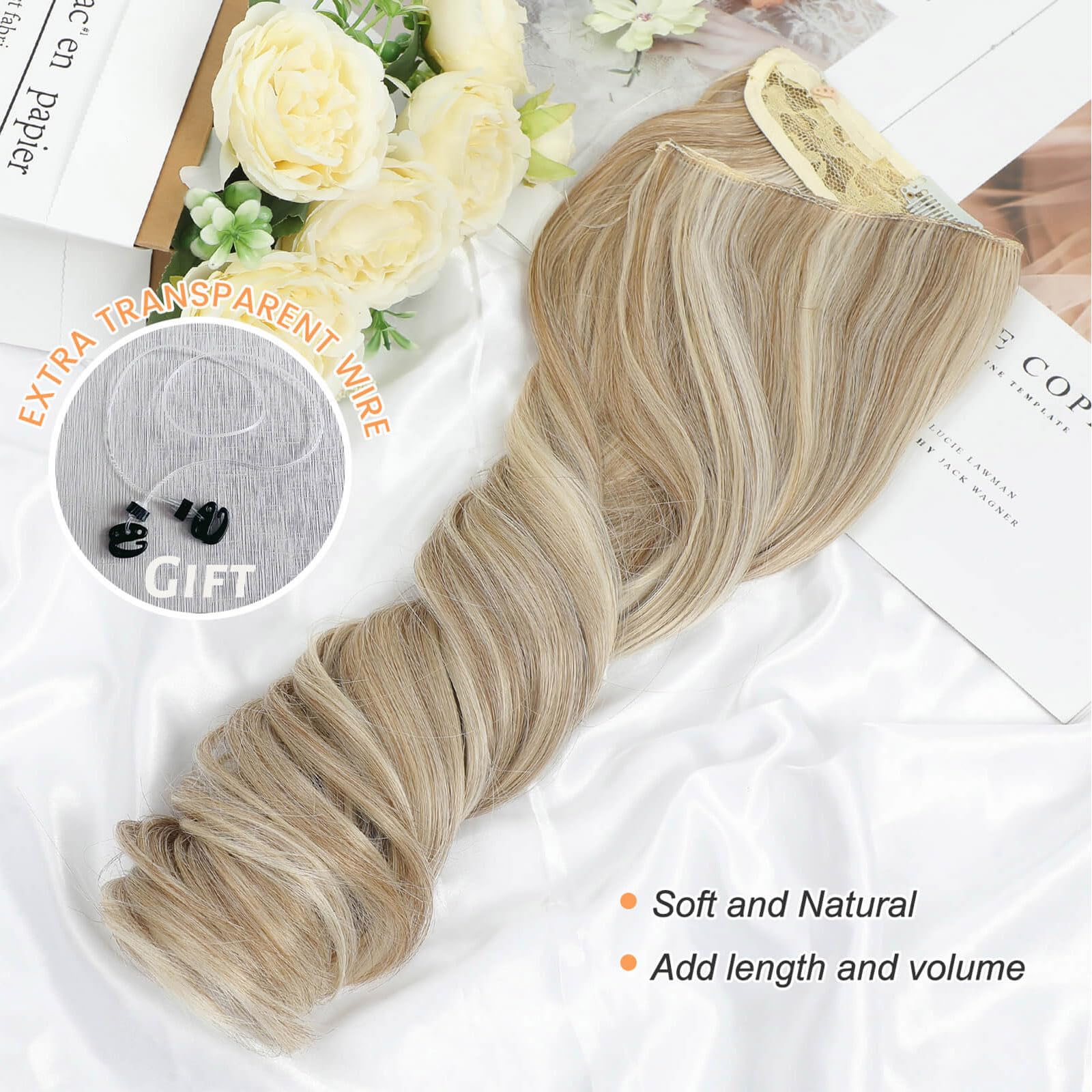 Flyroseing Body Wavy Halos Hair Extension, 18 Inch Synthetic Fiber Blonde Hair Extensions with Transparent Wire - Image 3