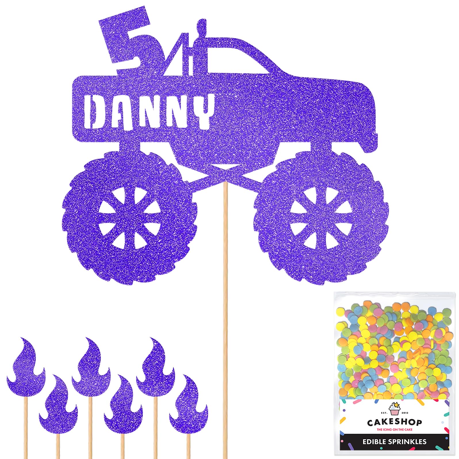 Personalised Monster Truck Glitter Cake Topper- Bright Blue Any Custom Age & Name Glitter Cake Decoration and Sprinkles - Happy Birthday Decorations - Personalised Toppers for Cakes by Cakeshop โ image 1